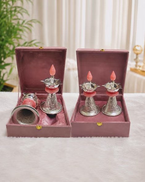 Silver Plated Diya Set with Velvet Box