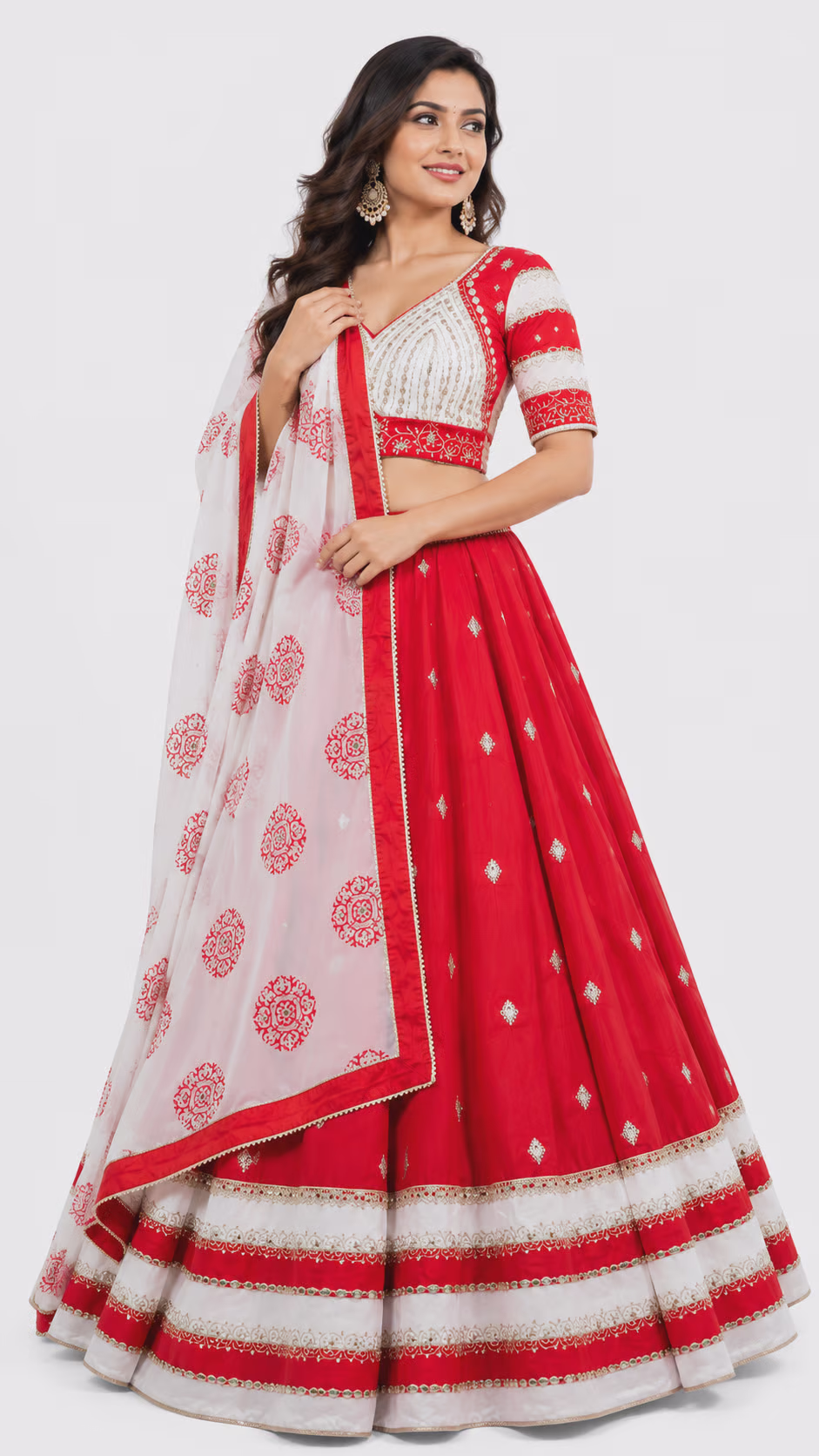 Red and White Silk Blend Lehenga Choli with Embroidery