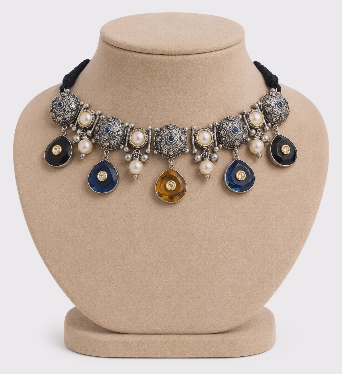 Oxidised Silver Necklace with Pearl and Colored Stone Drops