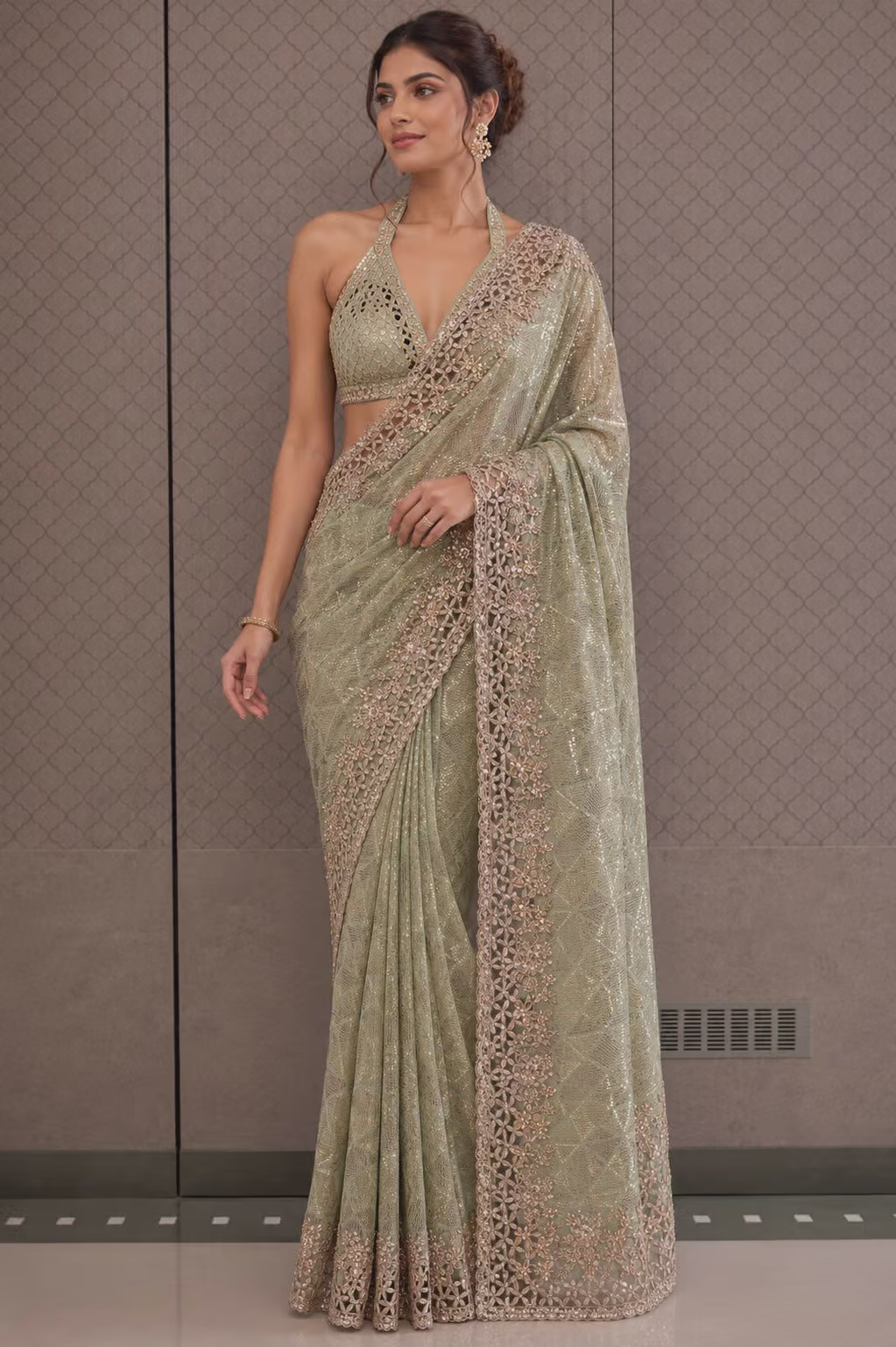 Pastel Green Net Saree with Mirror Embroidery