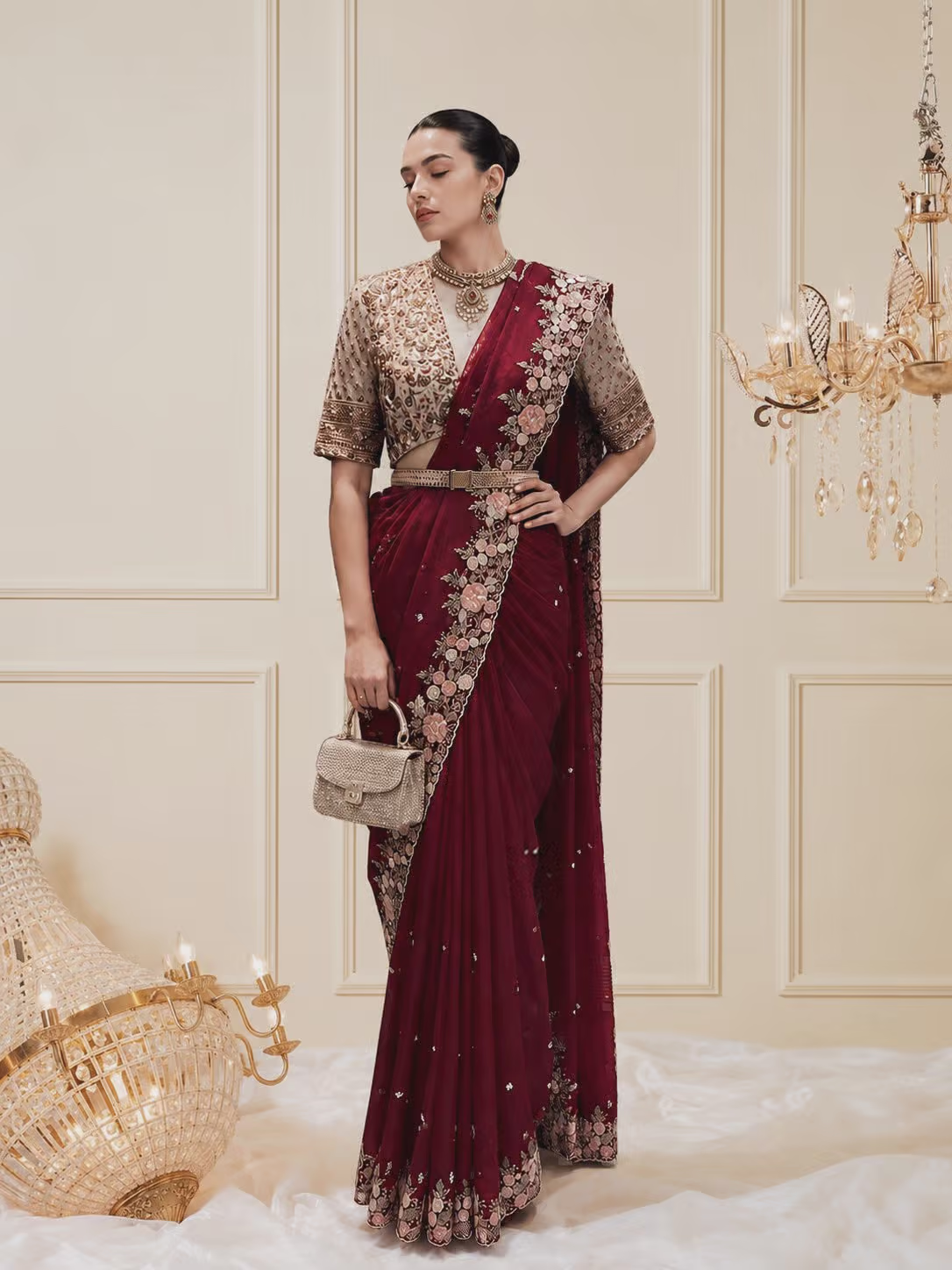 Embroidered Velvet Silk Saree with Floral Zari Border