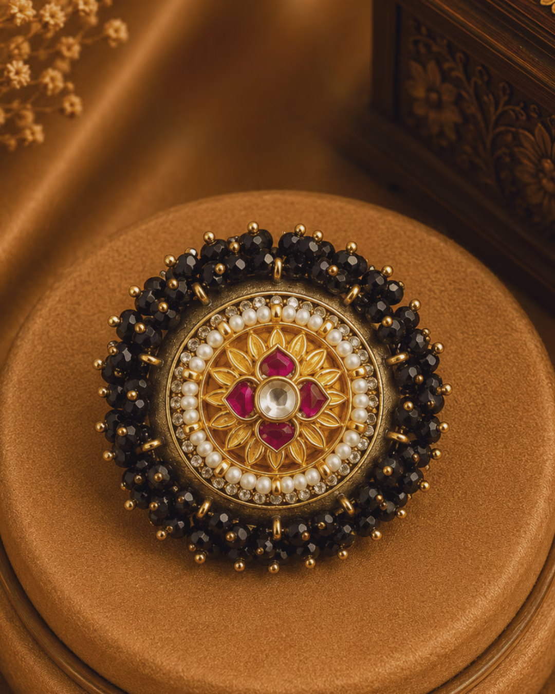 Kundan and Pearl Circular Statement Ring