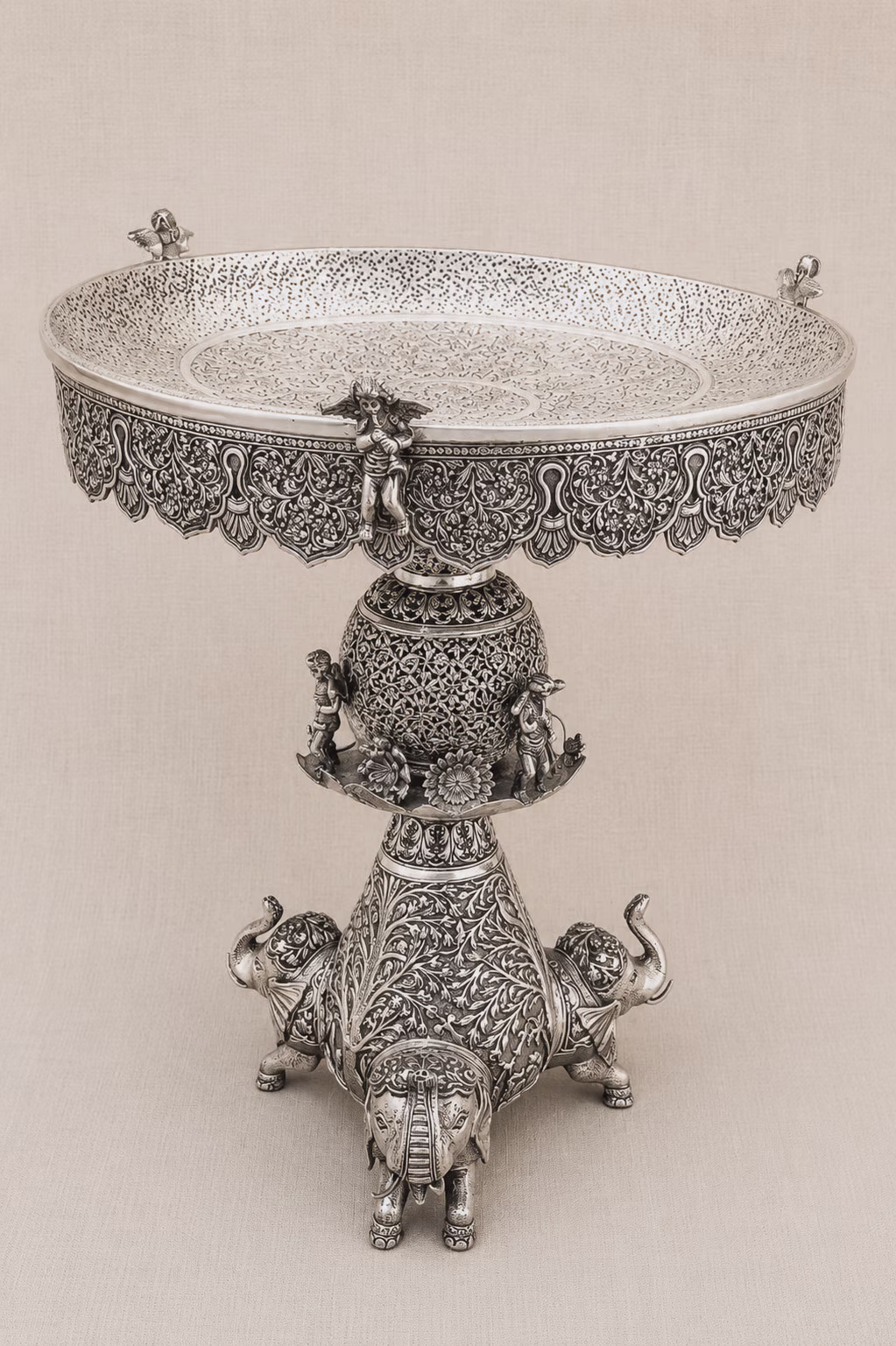 Ornate Silver Pedestal Centerpiece Bowl with Elephant Motif Base