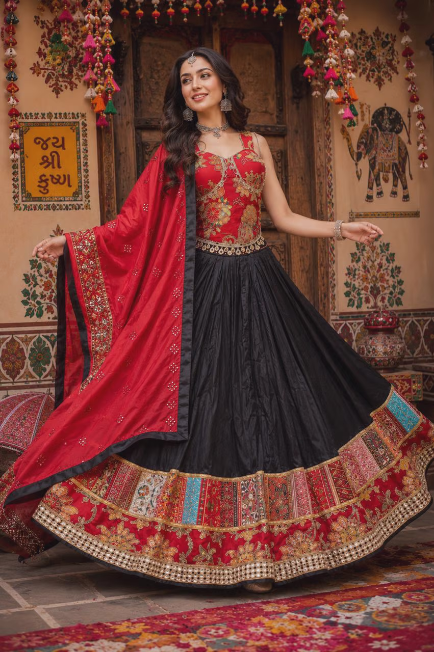 Red and Black Embroidered Lehenga Choli with Patchwork Border