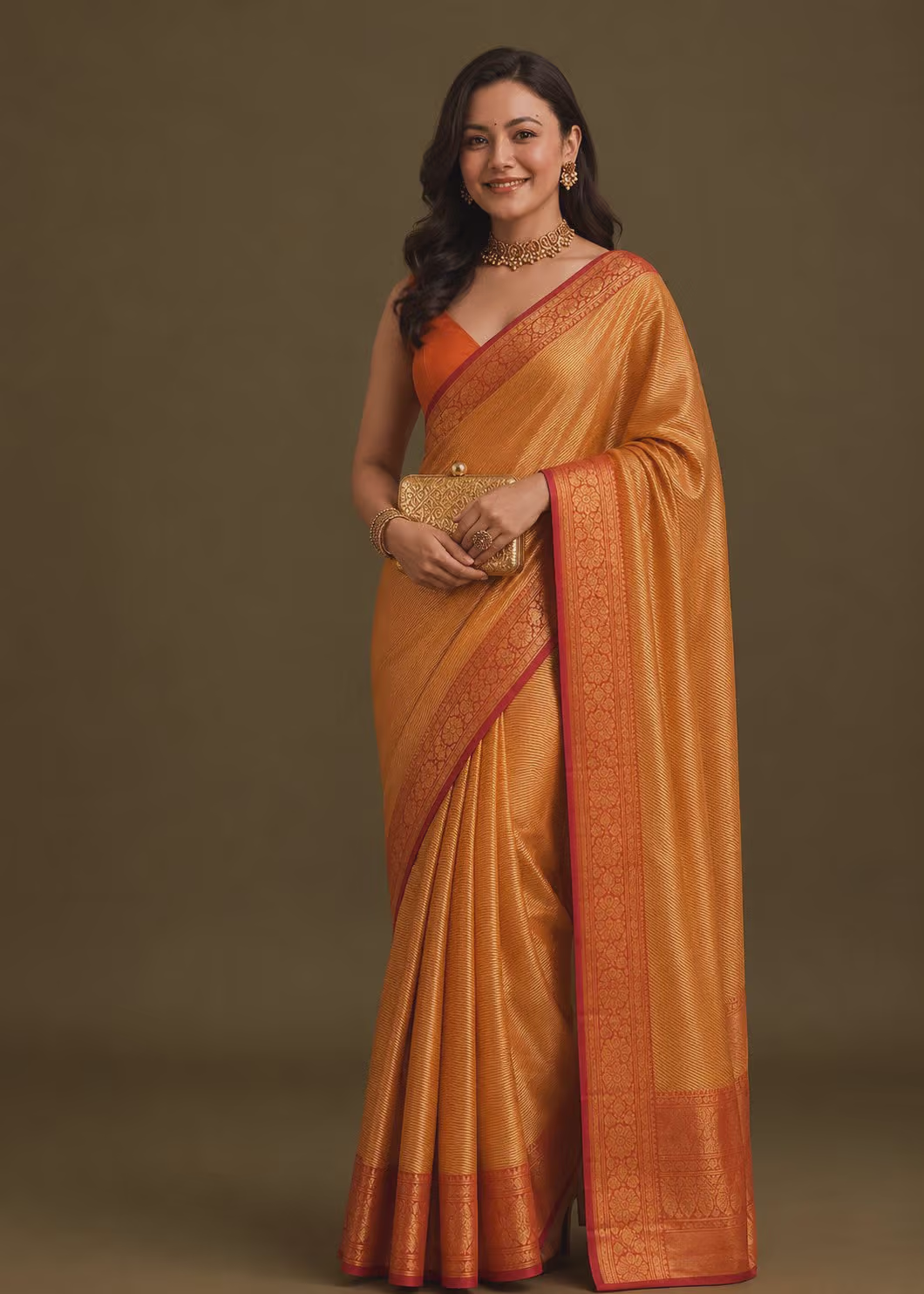 Golden Orange Banarasi Silk Saree with Zari Border