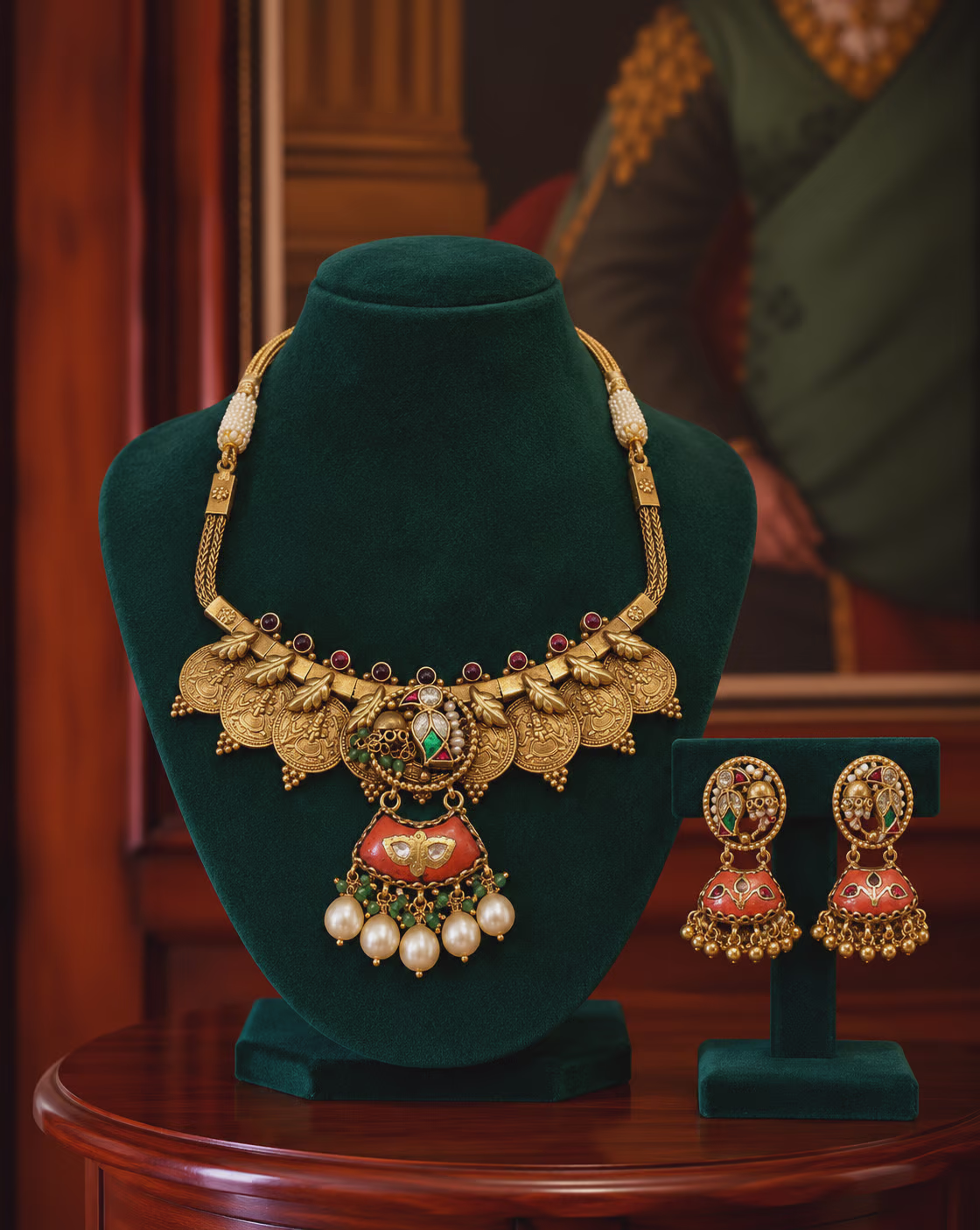 Gold Necklace and Earring Set with Kundan and Pearl Detail