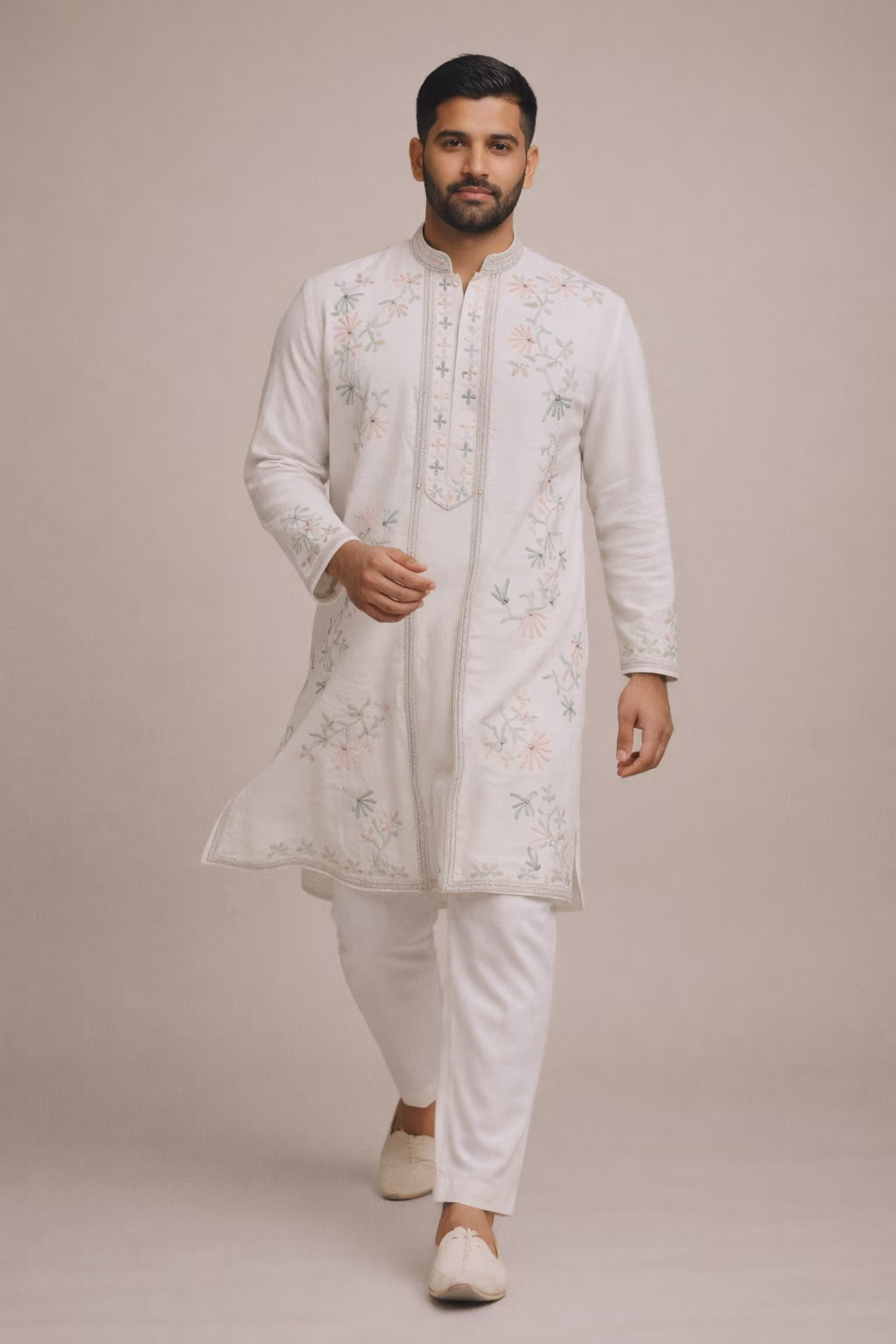 Ivory Embroidered Cotton Kurta Set