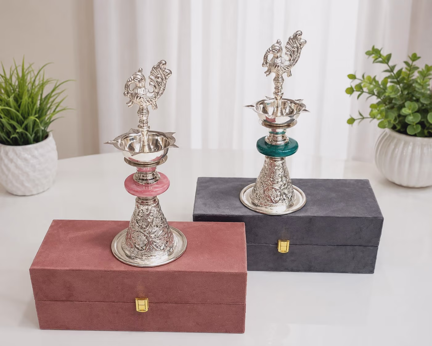 Silver Plated Peacock Diya Set with Velvet Box