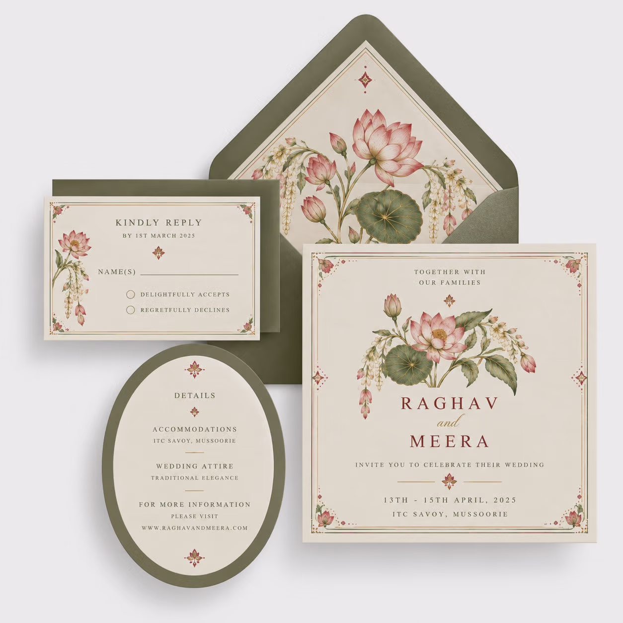 Wedding Invitation Set with Lotus Motif