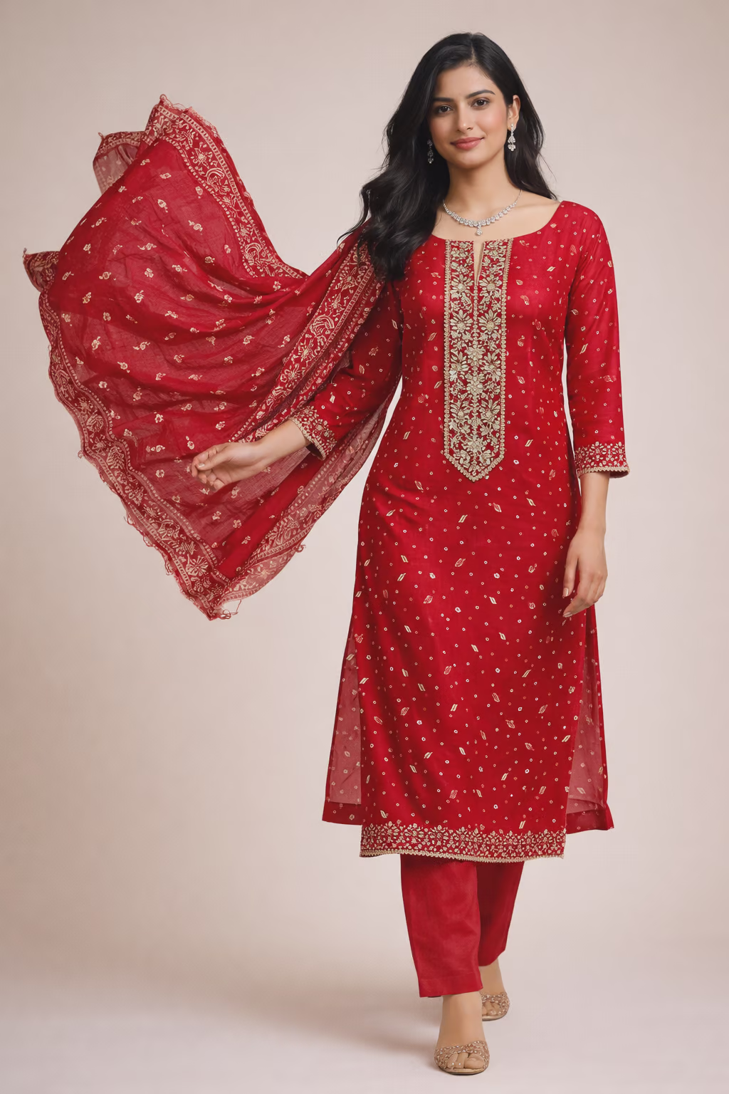 Bandhani Cotton Salwar Kameez Set with Embroidered Neckline