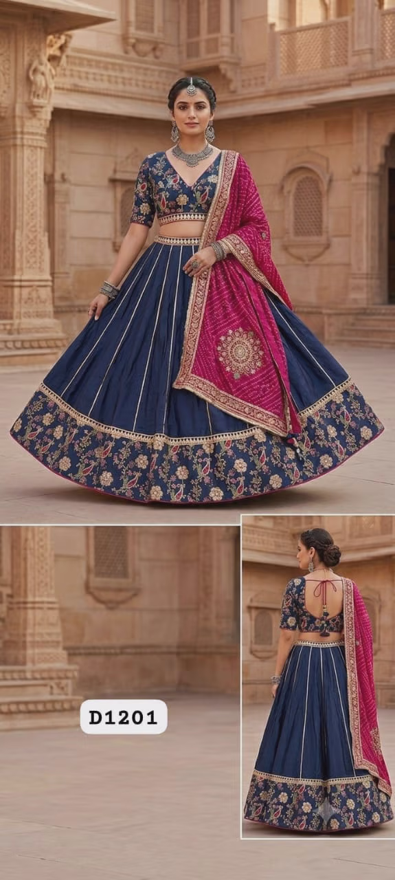Navy Blue and Rani Pink Silk Blend Embroidered Lehenga Choli Set