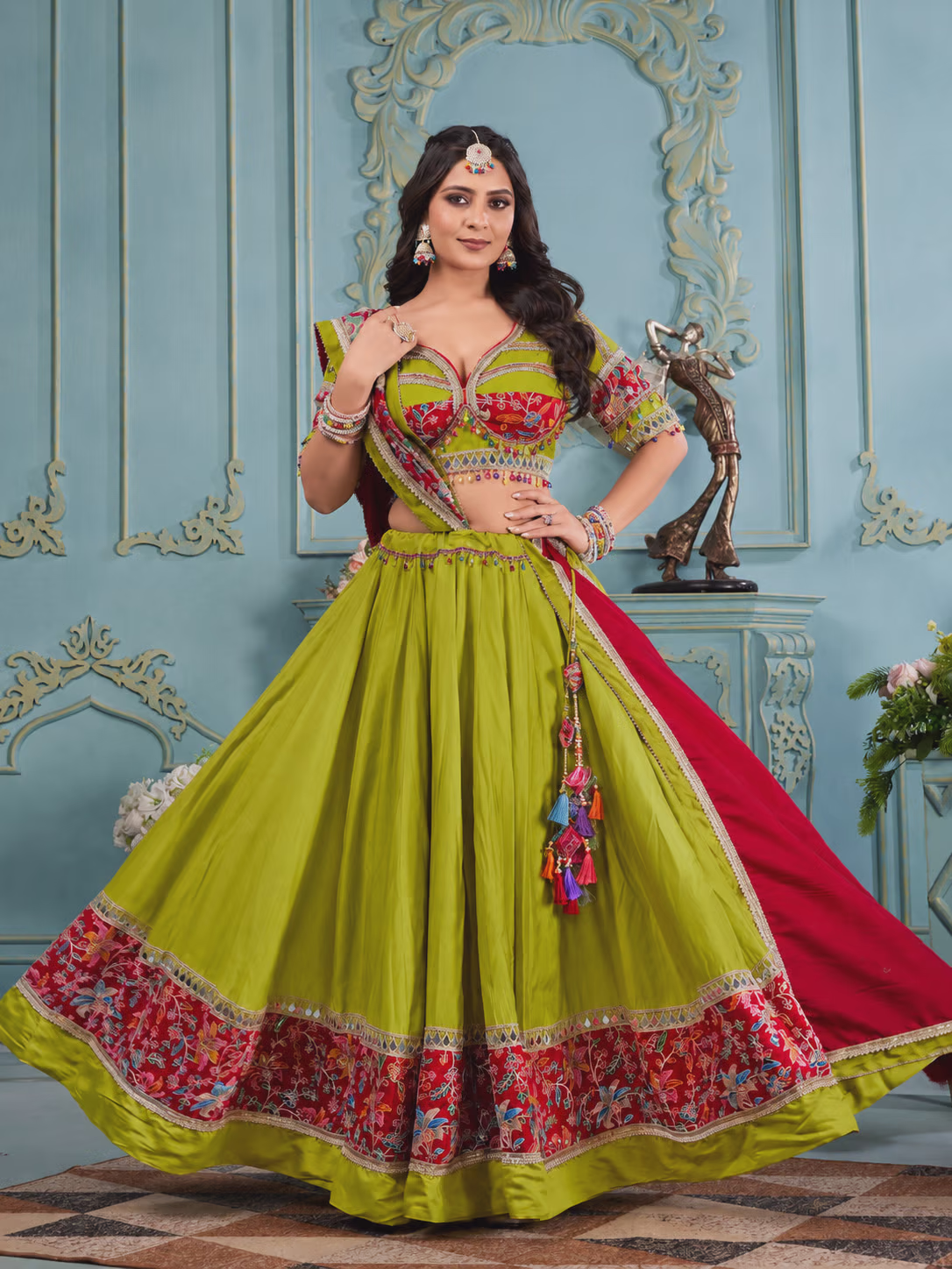 Green and Red Embroidered Lehenga Choli Set