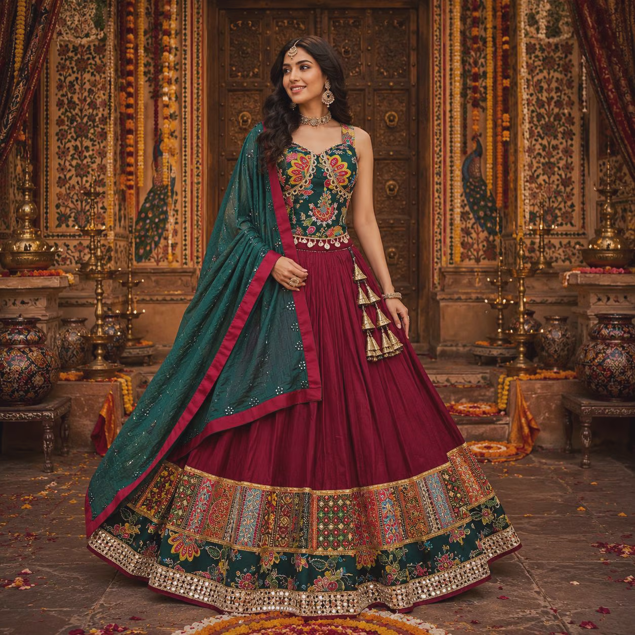 Maroon and Green Silk Blend Lehenga Choli with Heavy Embroidery
