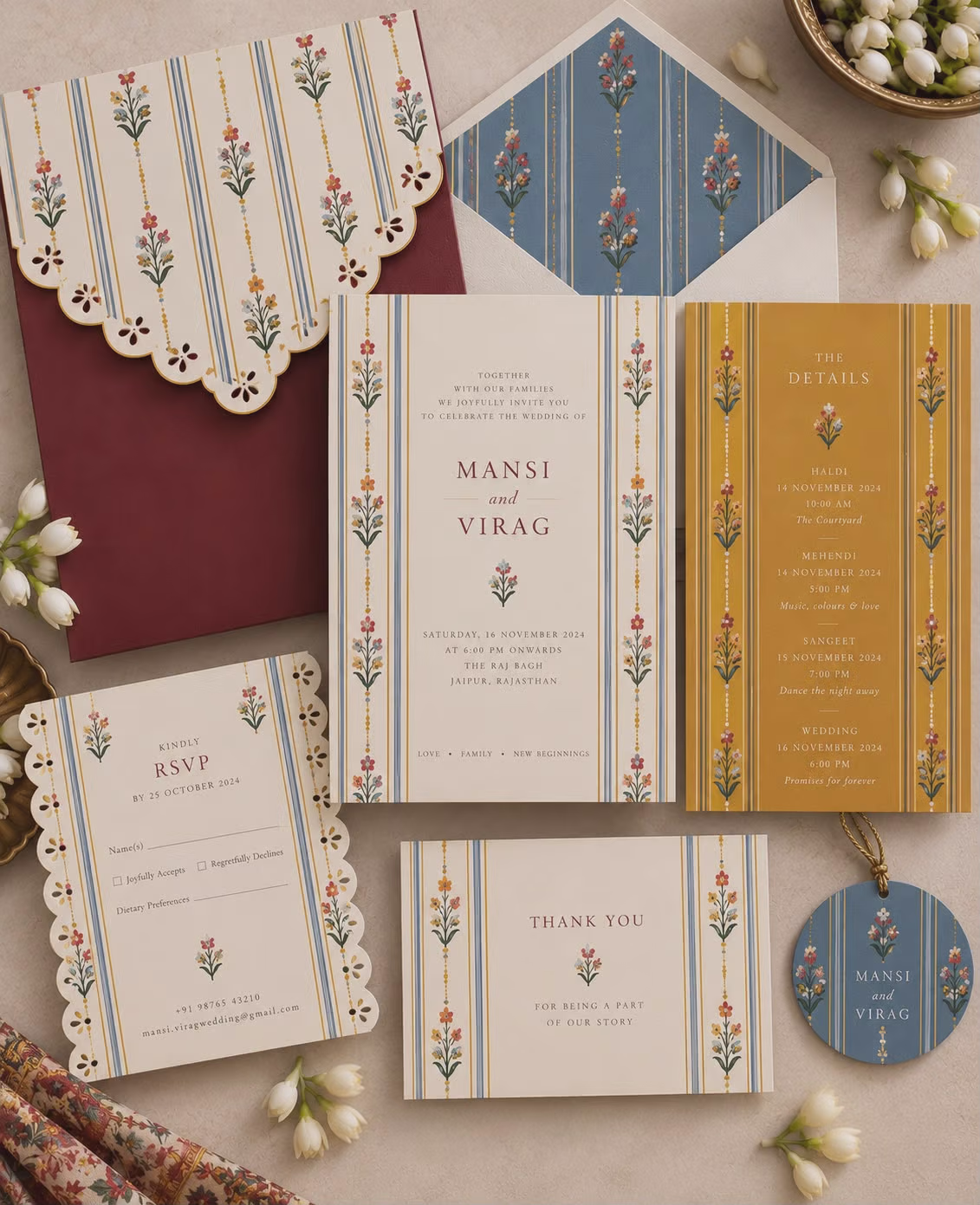 Jaipuri Motif Design Wedding Invitation suite with