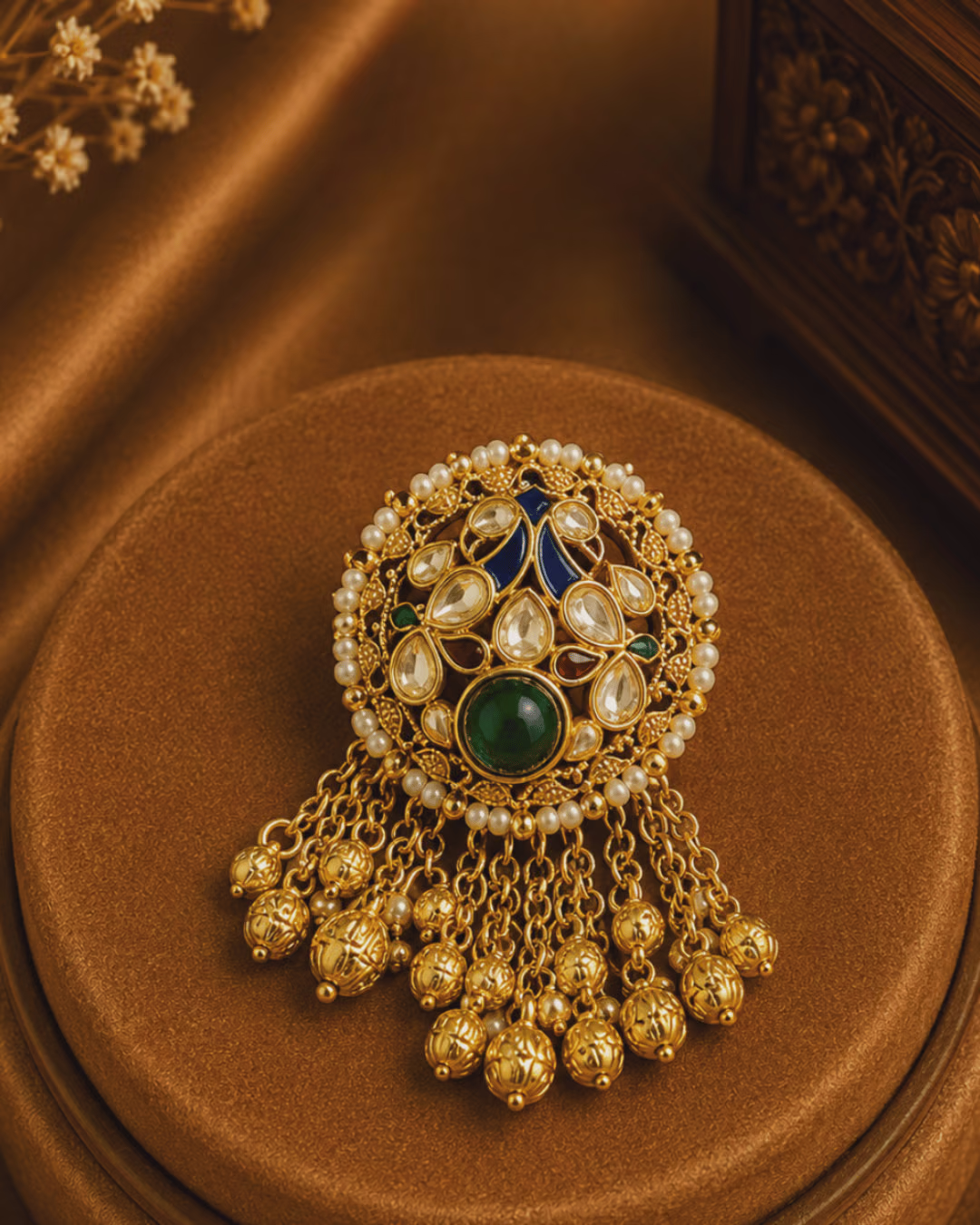 Kundan Pearl Round Ring with Dangling Chains