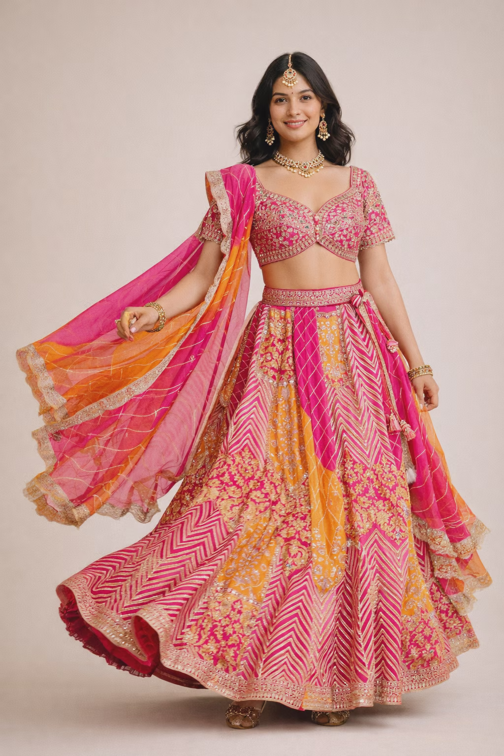 Vibrant Pink and Orange Embroidered Silk Blend Lehenga Choli