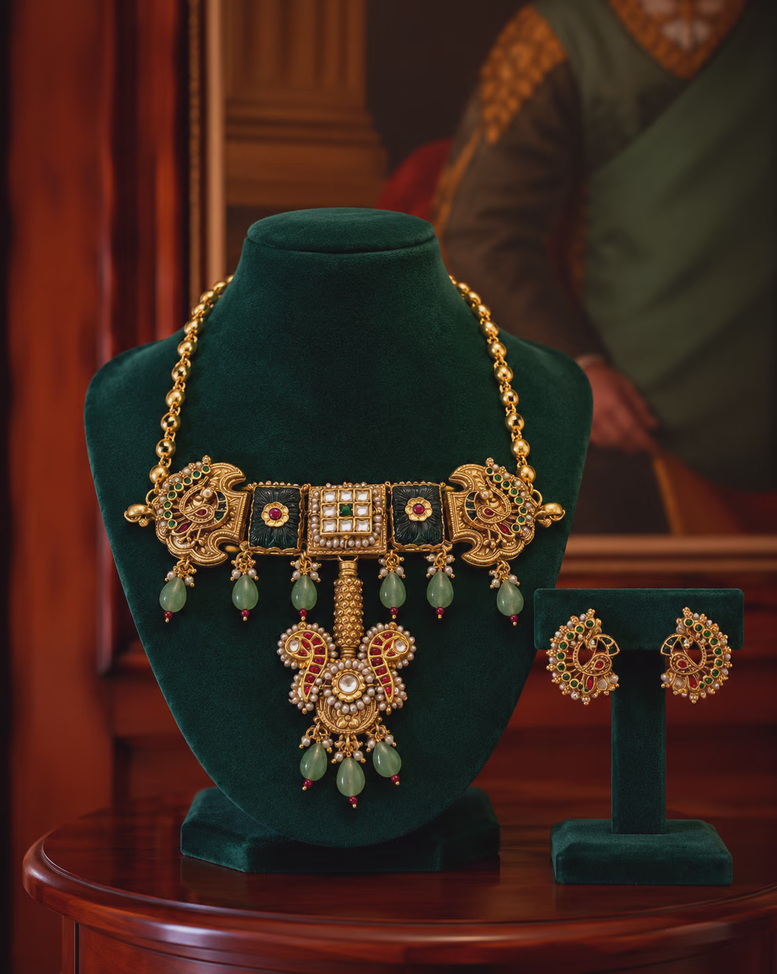 Gold Kundan Necklace Set with Green Stone Drops