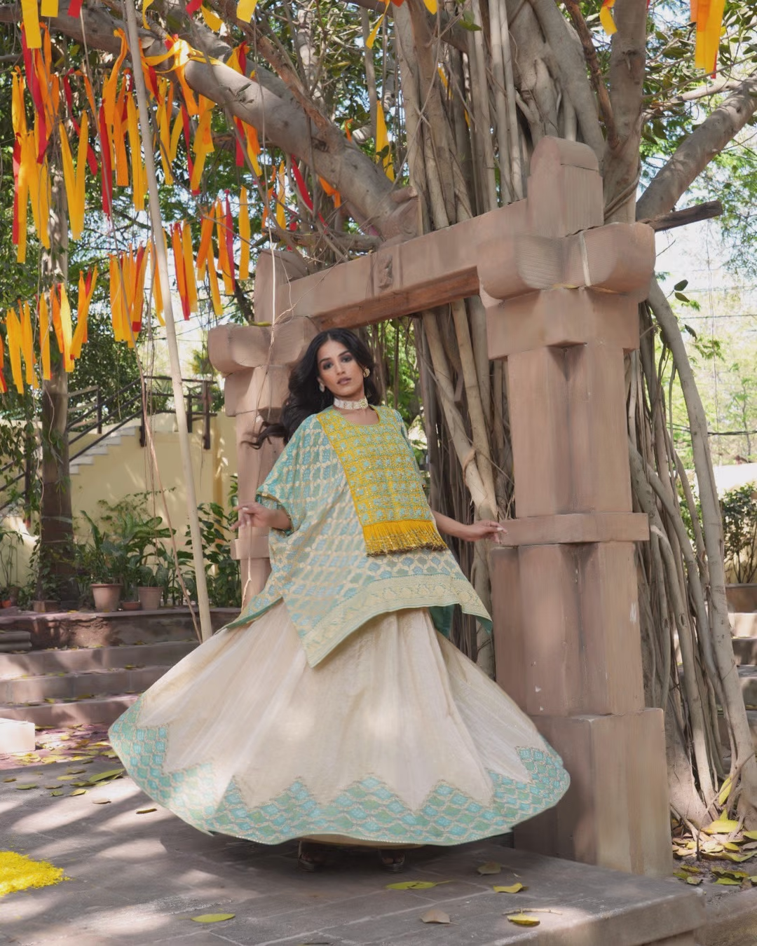 Ivory and Aqua Silk Blend Lehenga Choli Set with Embroidered Dupatta