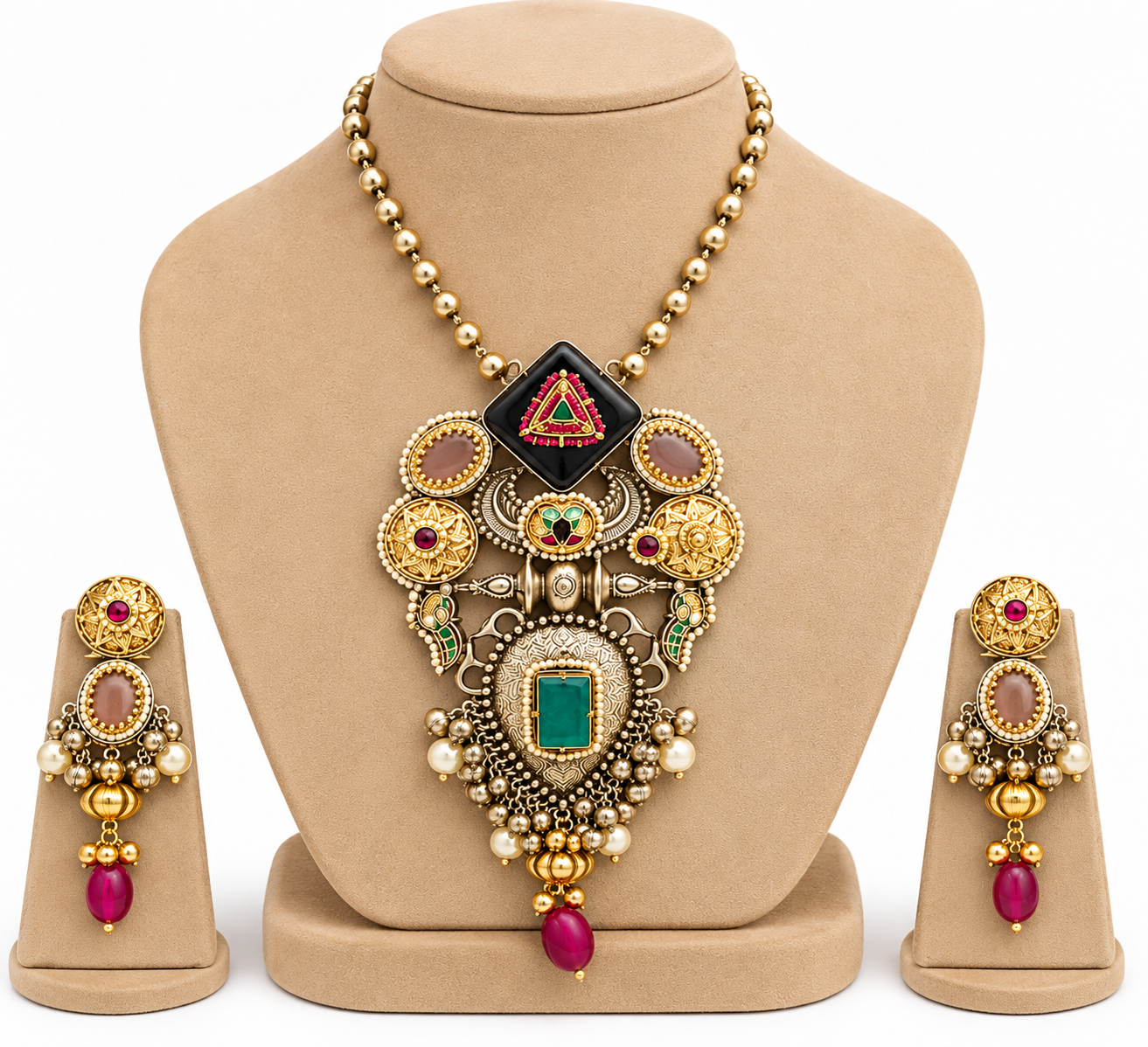 Traditional Gold-Plated Necklace Set with Kundan and Pearl Detailing
