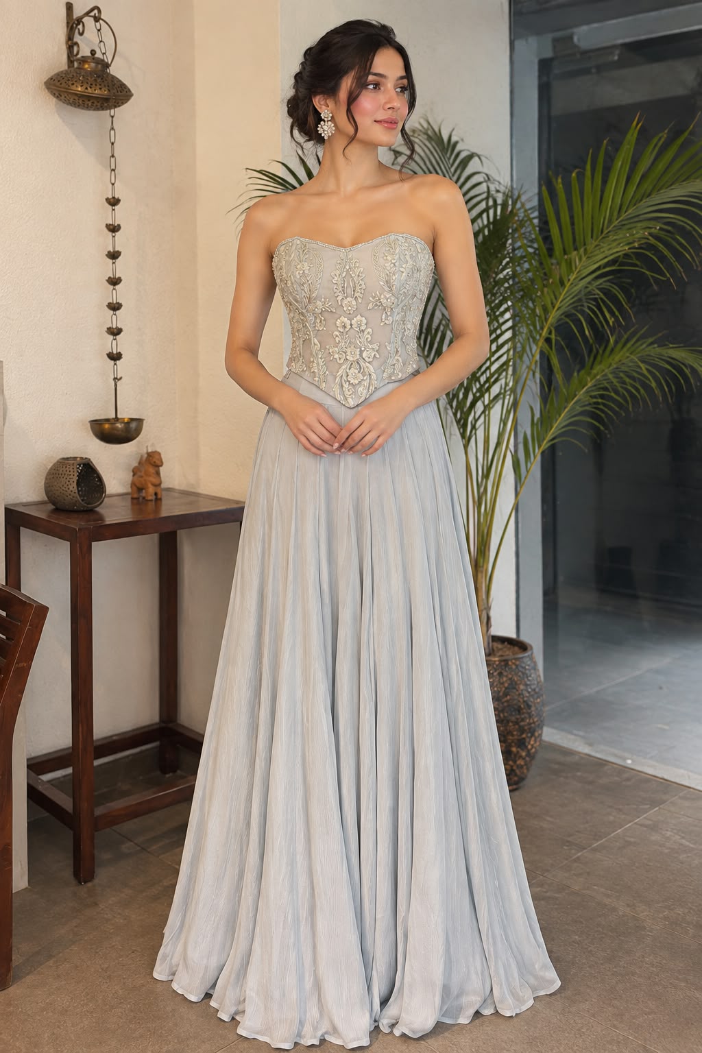 Grey-blue flared palazo with hand Embroidered corset