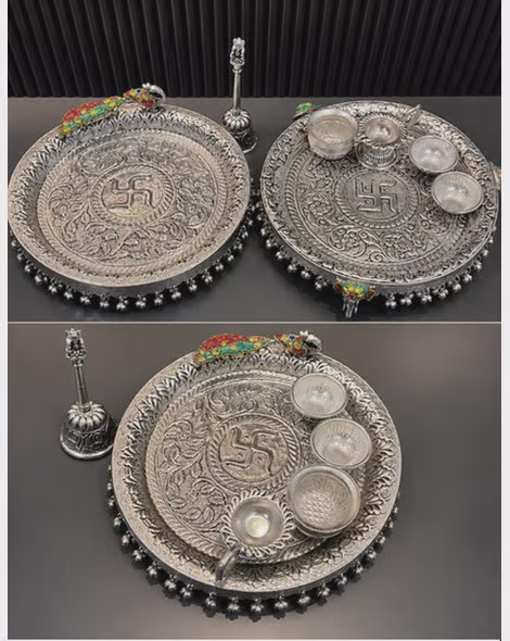Silver Puja Thali Set with Swastik Engraving