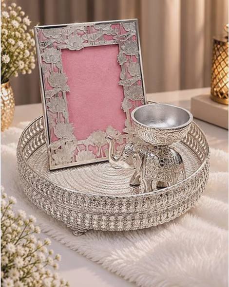 Silver Plated Decorative Set with Elephant and Floral Frame