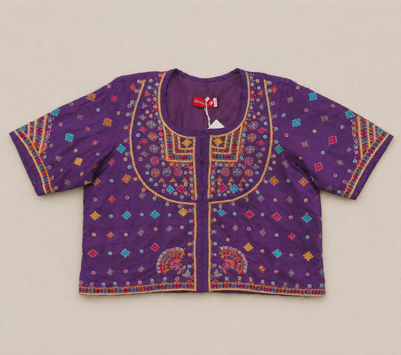 Purple Cotton Short-Sleeve Embroidered Jacket