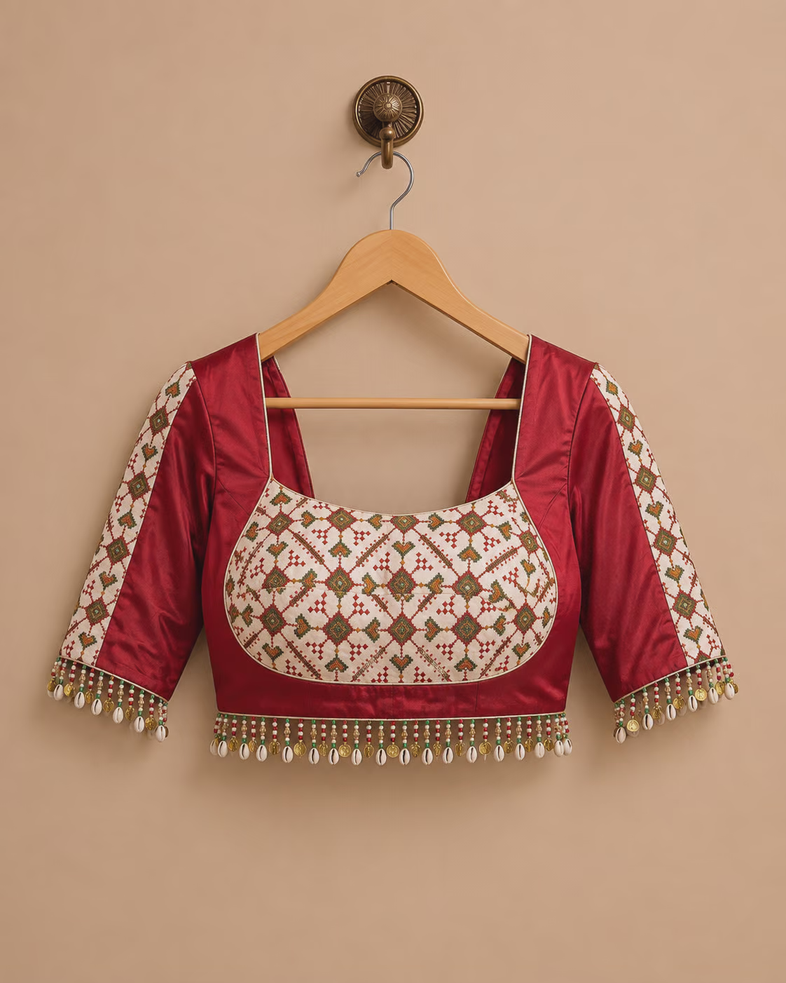 Maroon and beige threadwork blouse