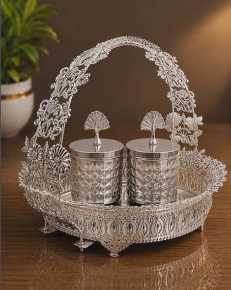 Ornate Silver Basket with Decorative Containers