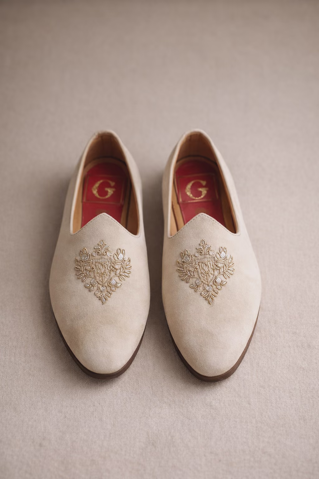 Ivory Suede Embroidered Loafers
