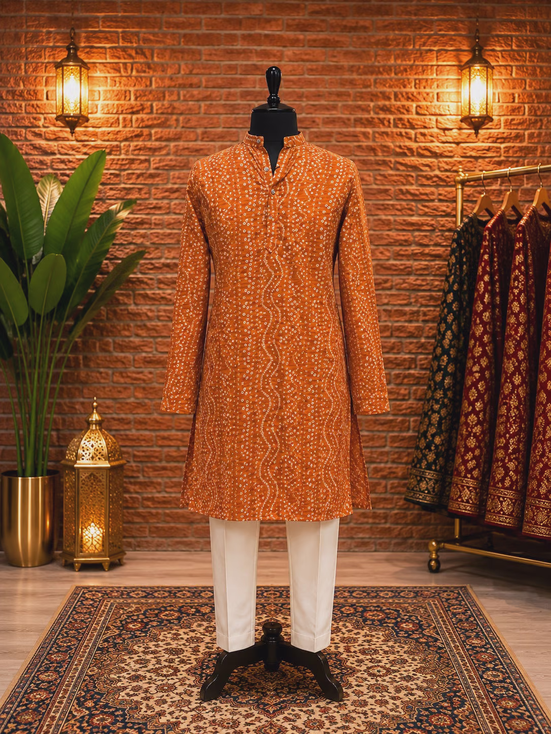 Rust Bandhani Cotton Kurta Set with Straight Pants