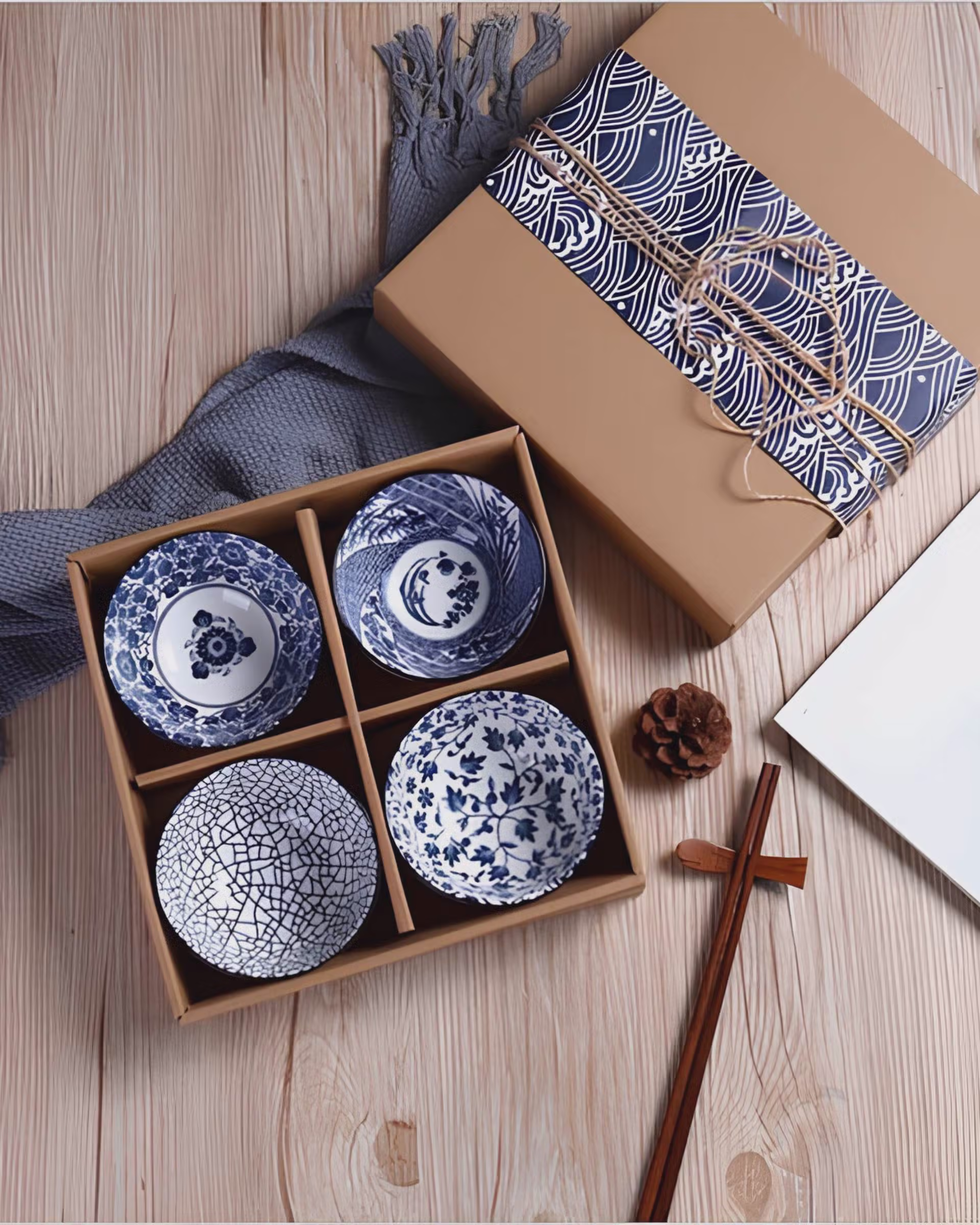 Handcrafted Blue and White Ceramic Bowls Gift Set