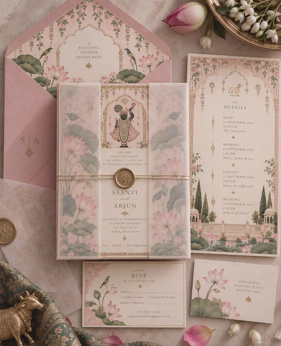 Pichwai Theme Wedding Invitation Set with Lotus Motif