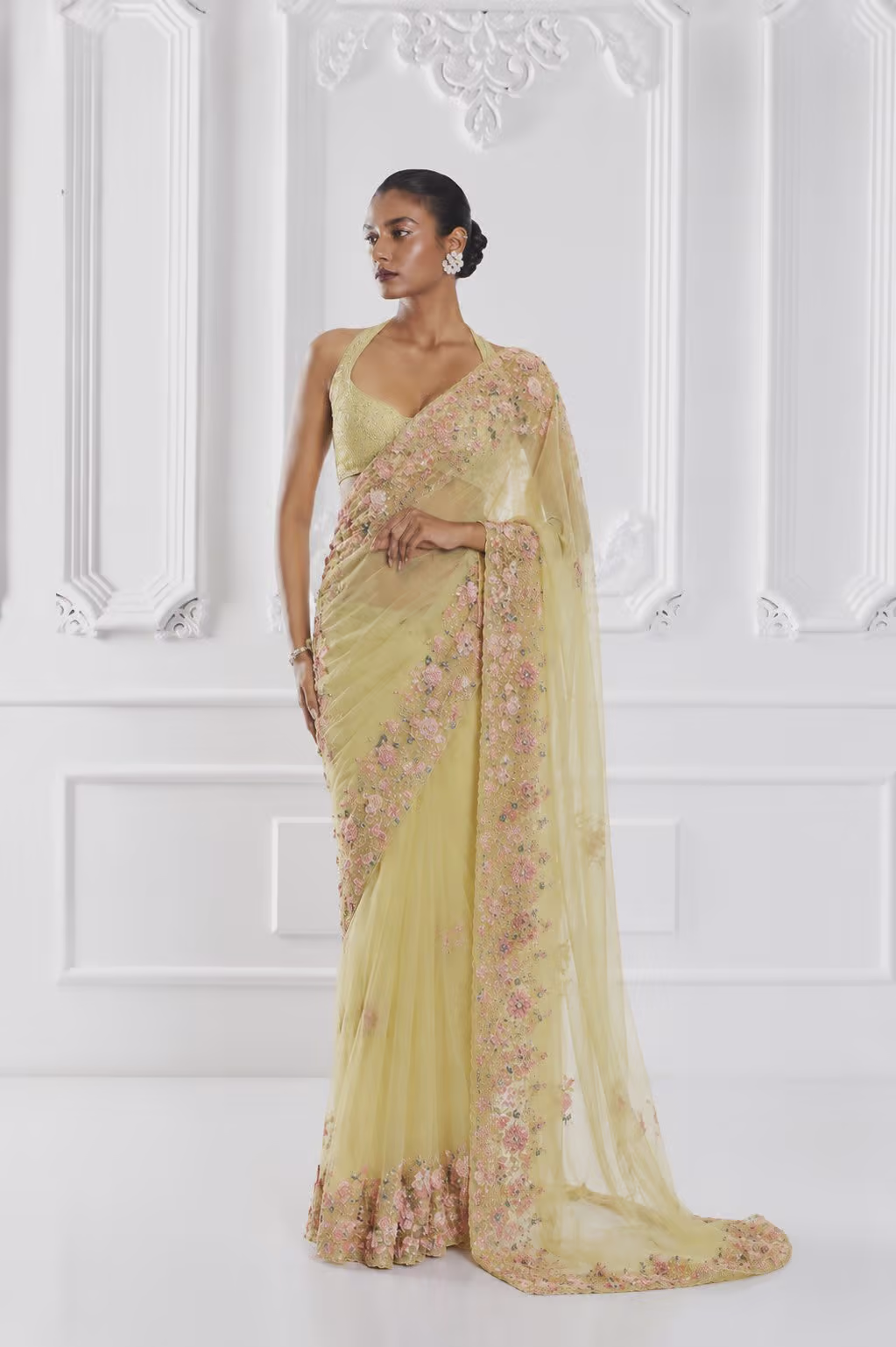 Pastel Yellow Net Saree with Floral Embroidery