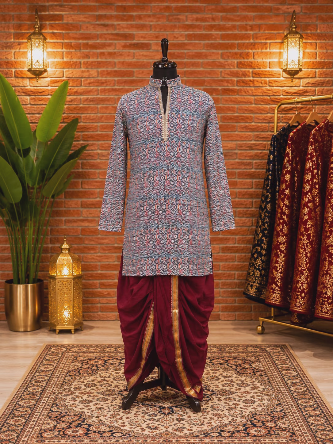 Printed Cotton Blend Kurta with Maroon Dhoti