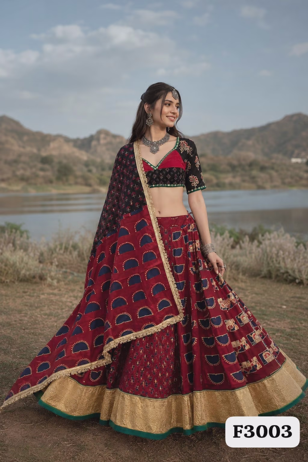 Maroon and Black Silk Blend Lehenga Choli with Embroidered Dupatta