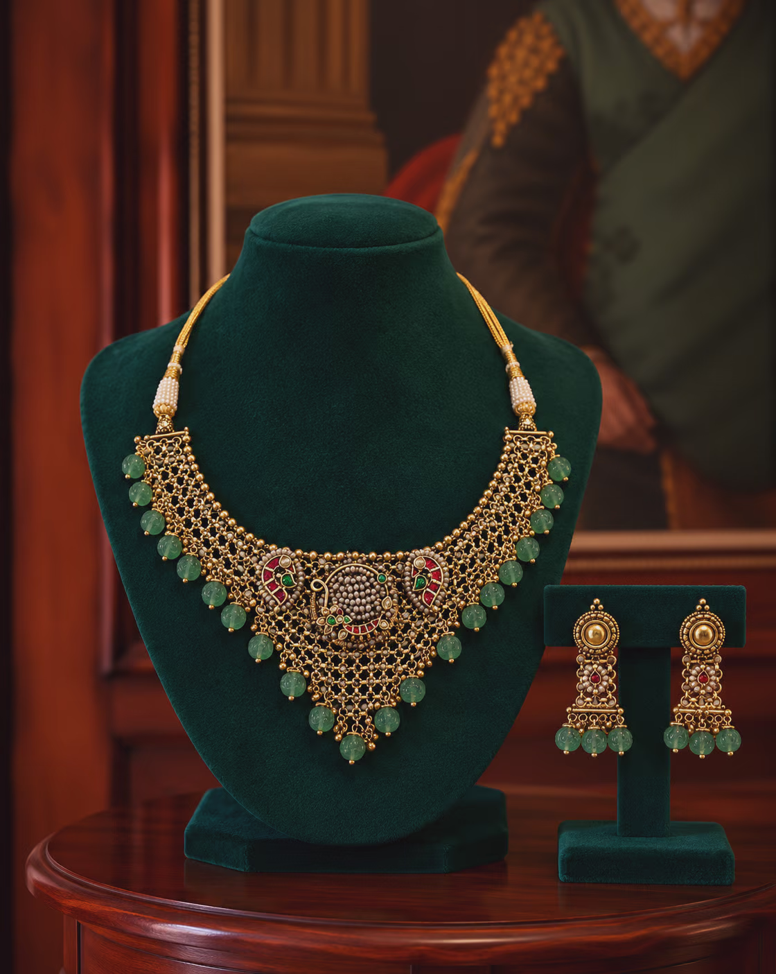 Gold Necklace and Earrings Set with Green Beads