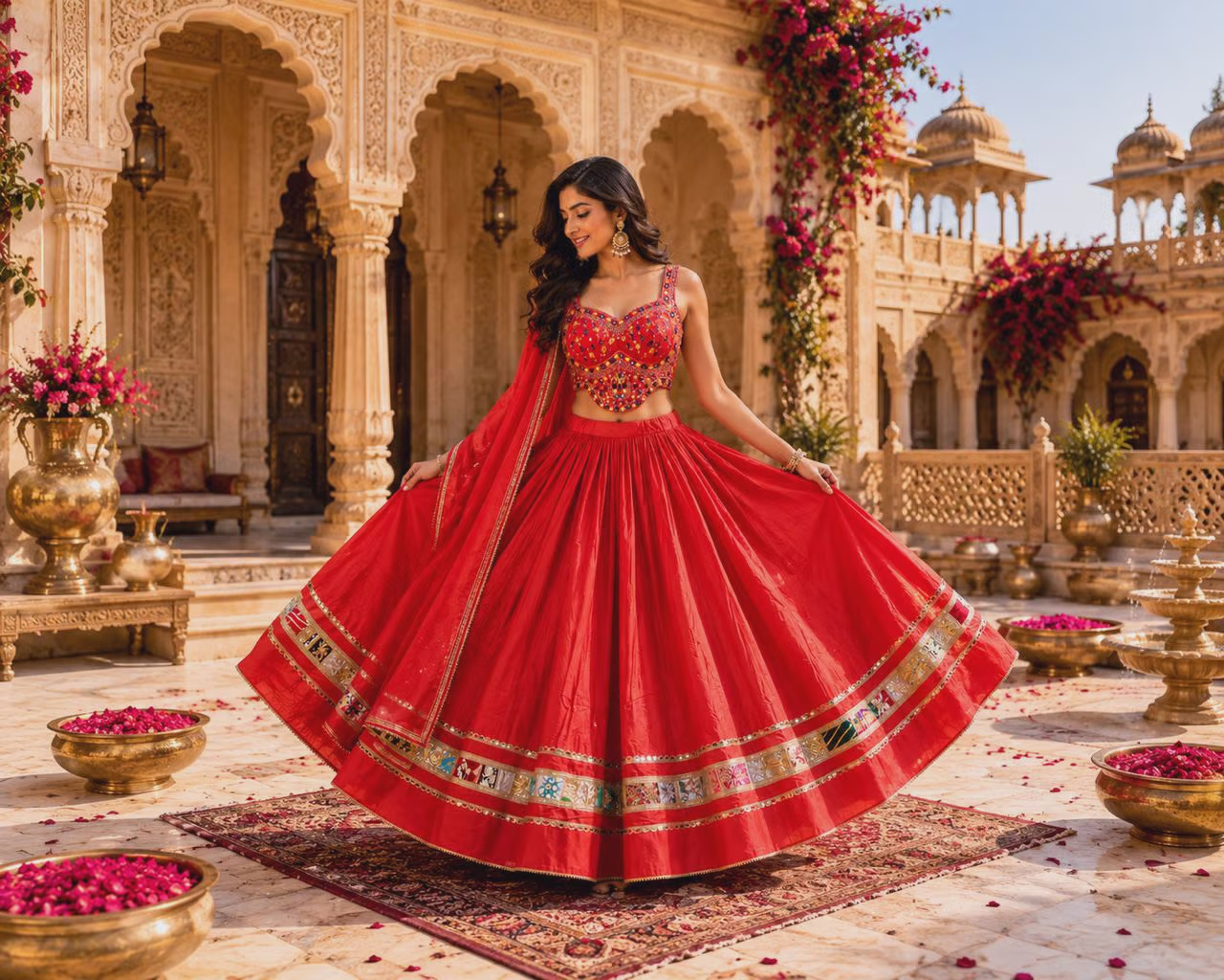 Red Silk Lehenga Choli with Embroidered Border