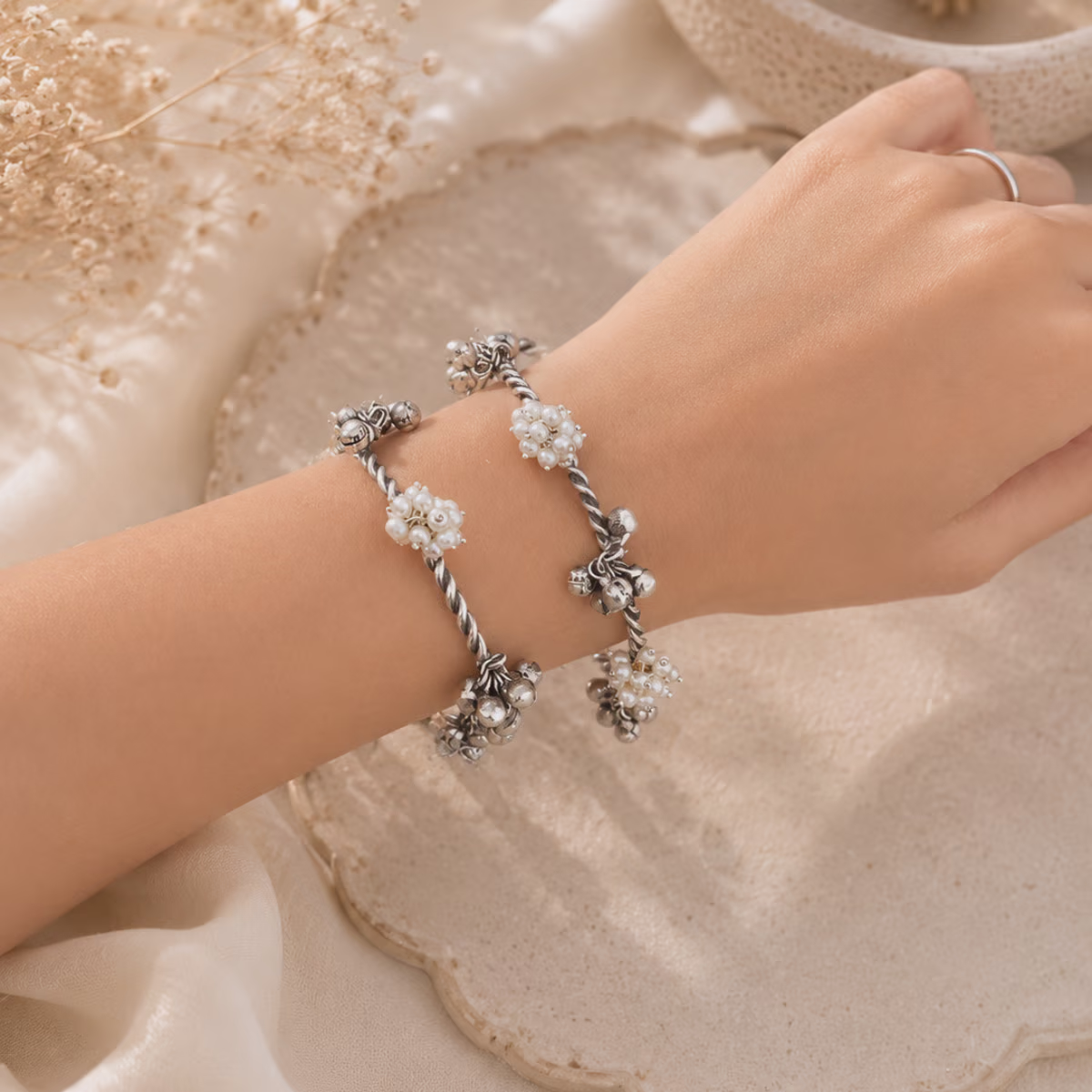 Oxidised Silver Pearl Cluster Kada