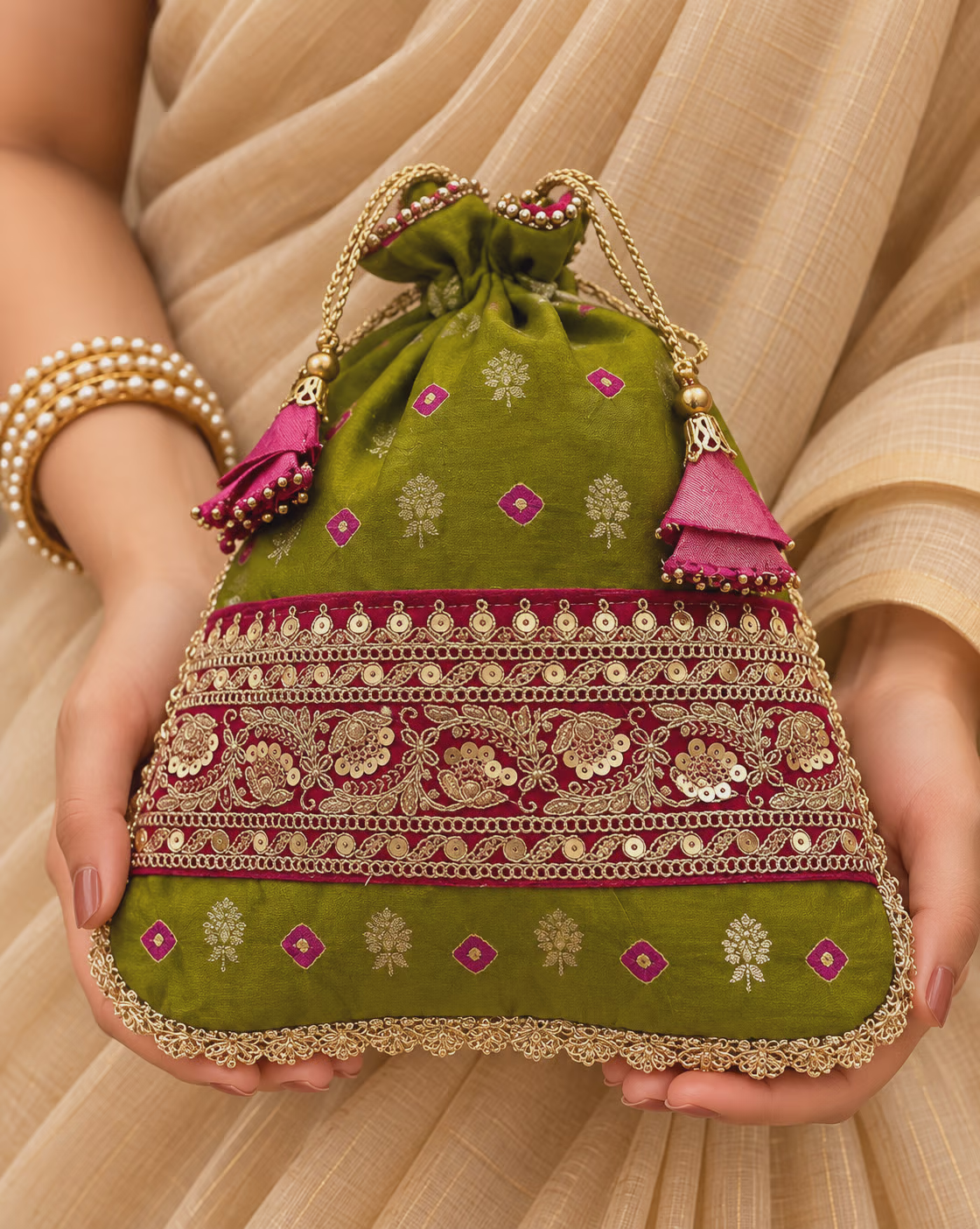 Green and Maroon Potli Bag with Zari Embroidery