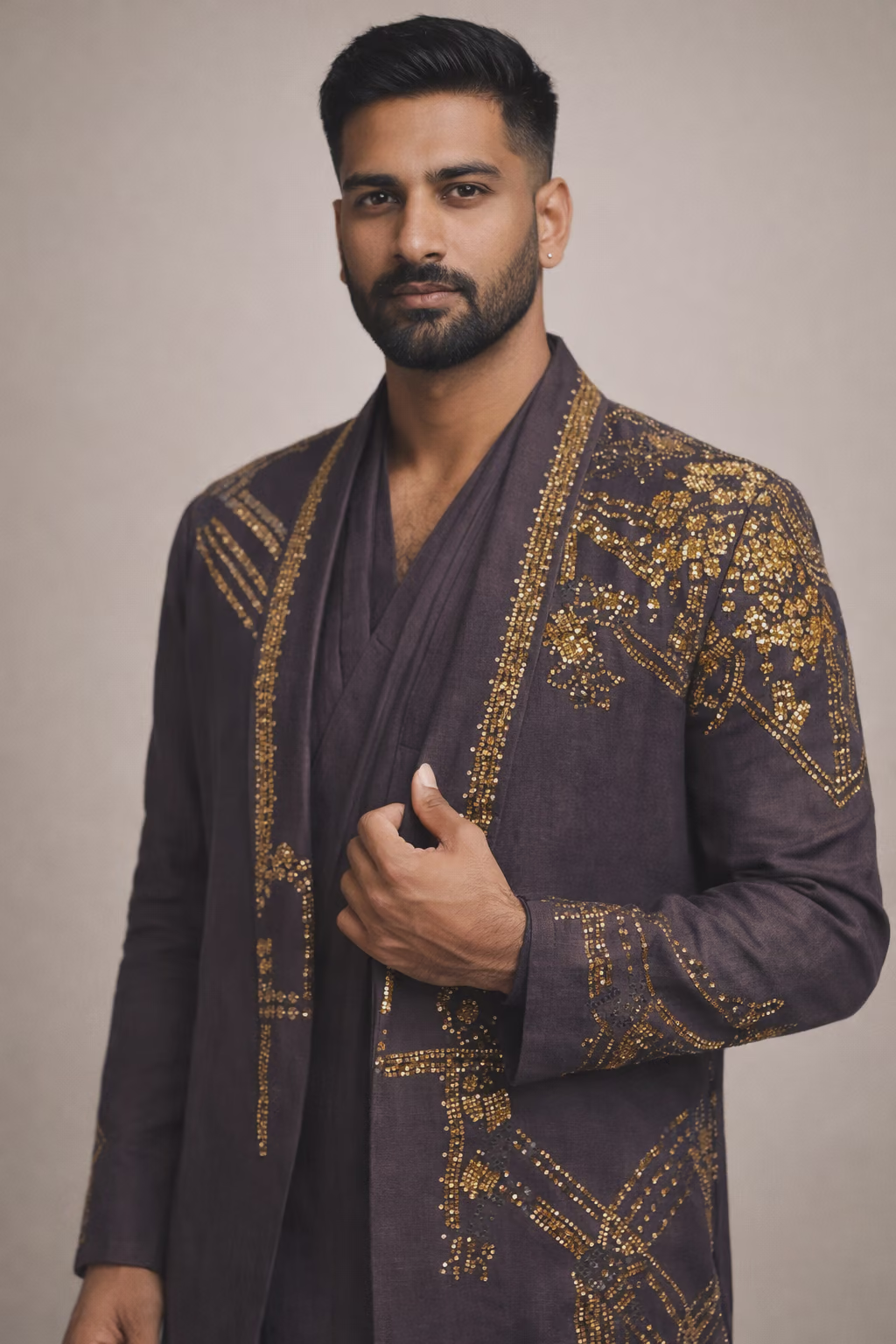 Embroidered Charcoal Cotton Kurta Set