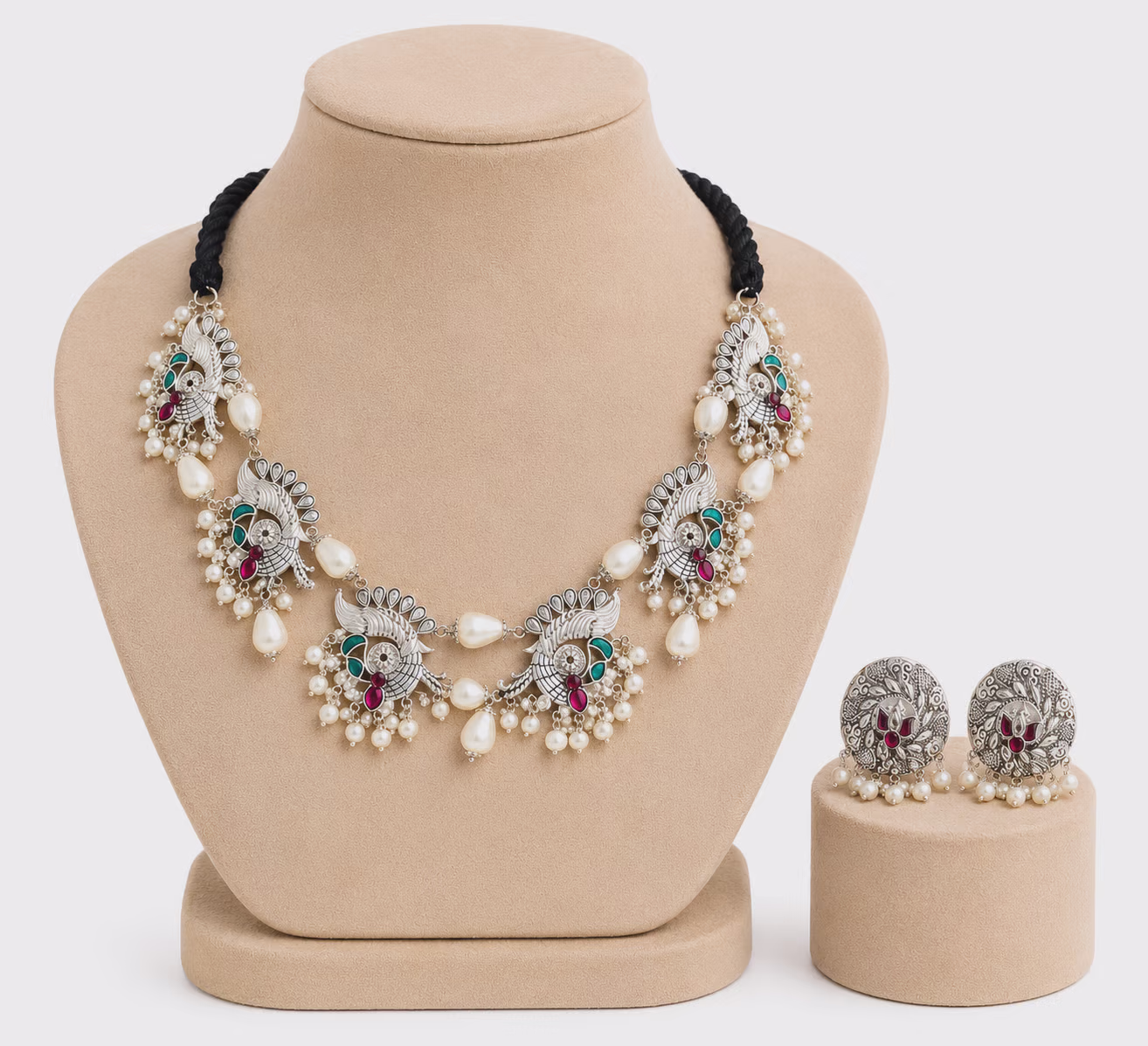 Oxidised Silver Peacock Necklace Set with Pearl Drops