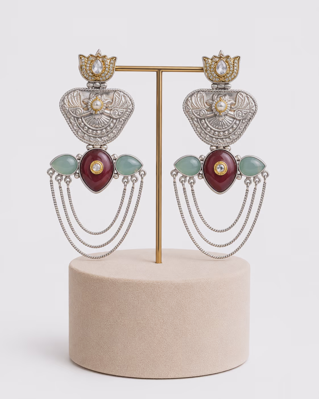 Antique Silver-Plated Statement Earrings with Gemstone Detail