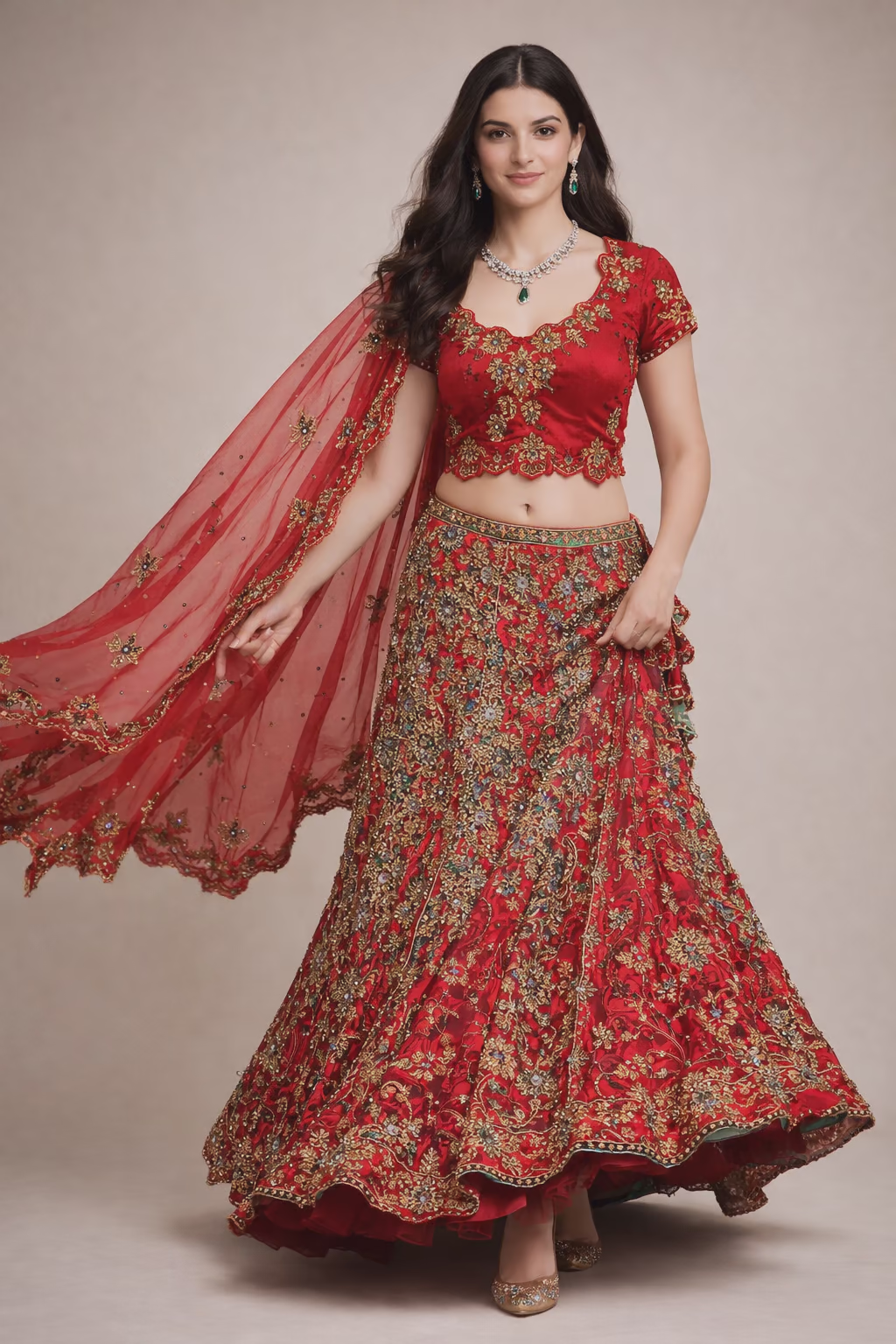 Heavily Embroidered Red and Olive Green Net Silk Lehenga Choli