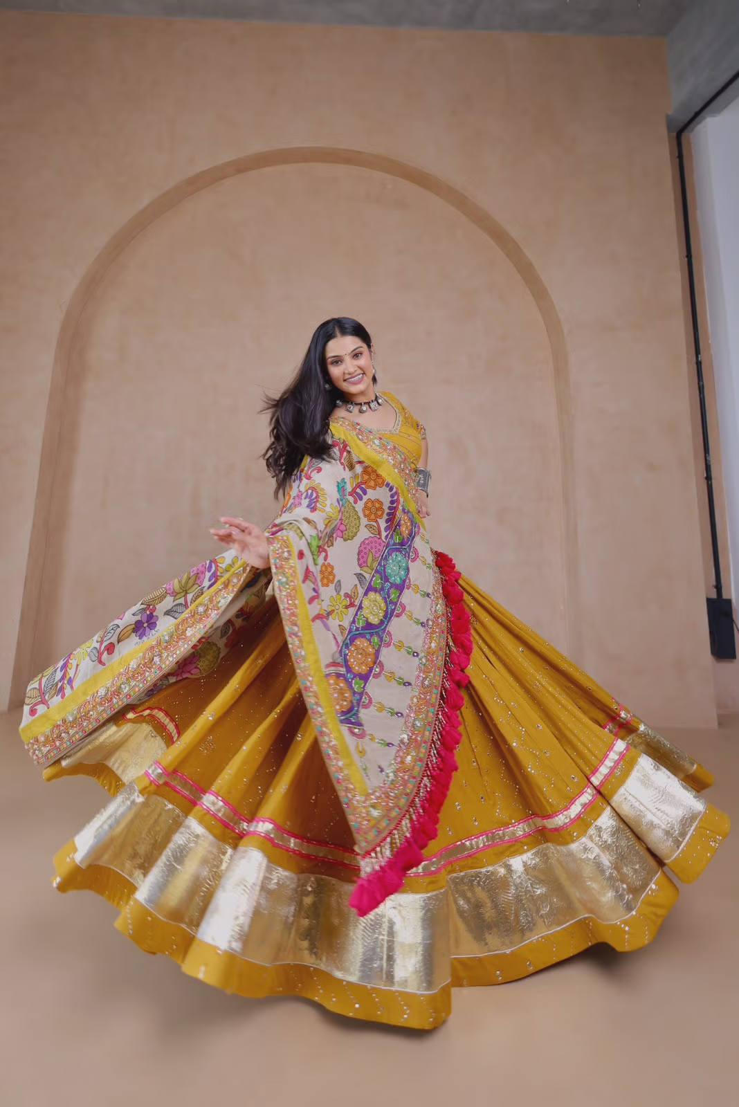 Mustard Embroidered Lehenga with Multicolor Dupatta