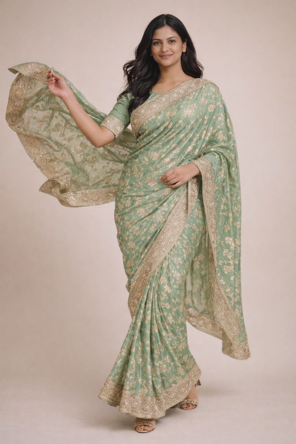 Pastel Green Silk Blend Saree with Heavy Zari Embroidery