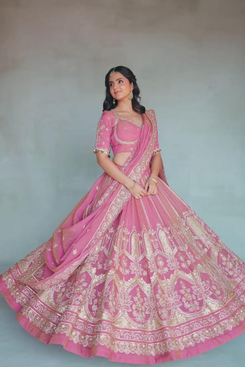 Pink Silk Lehenga with Golden Embroidery