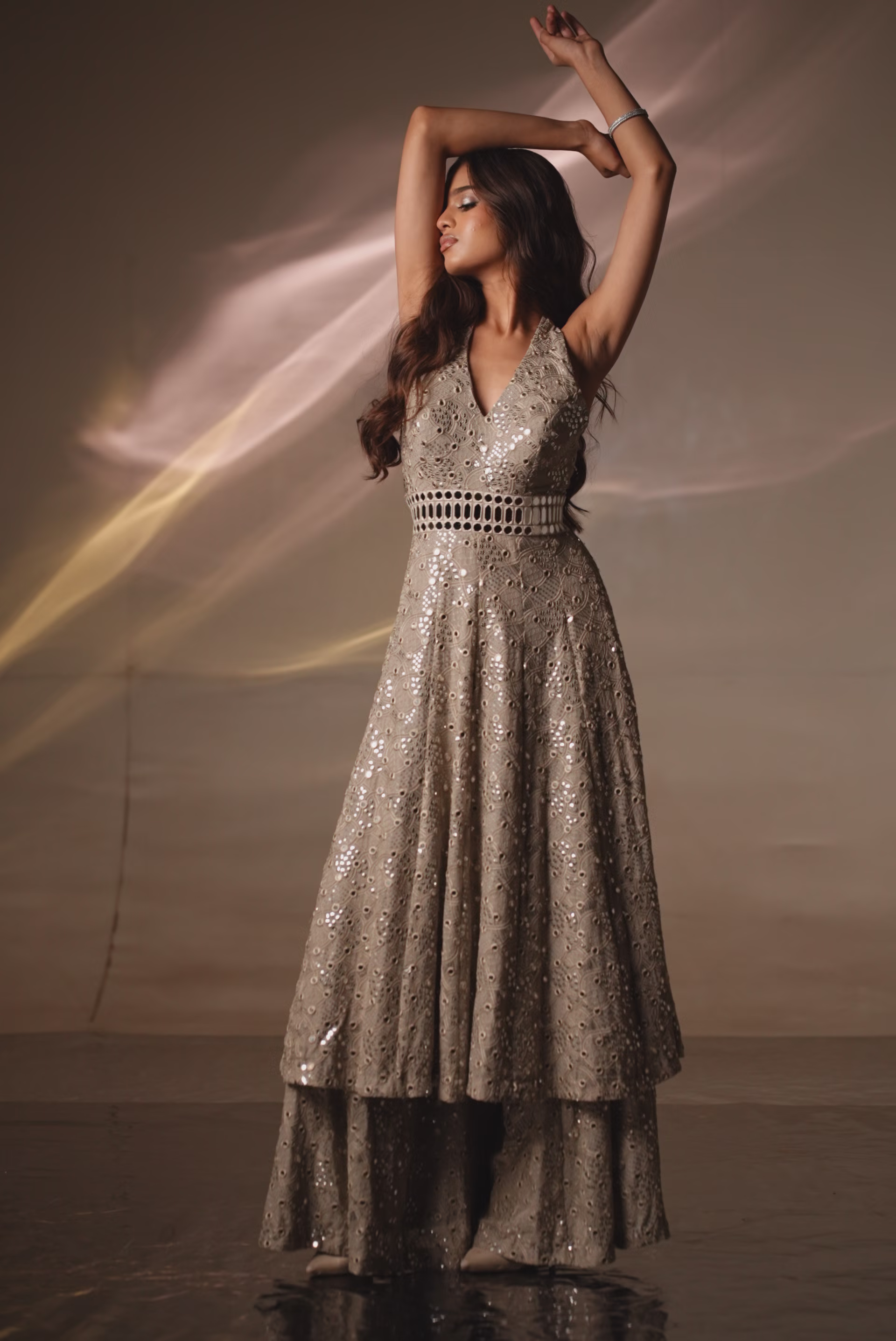 grey/silver mirror Embroidered halter neck kurta-palazo