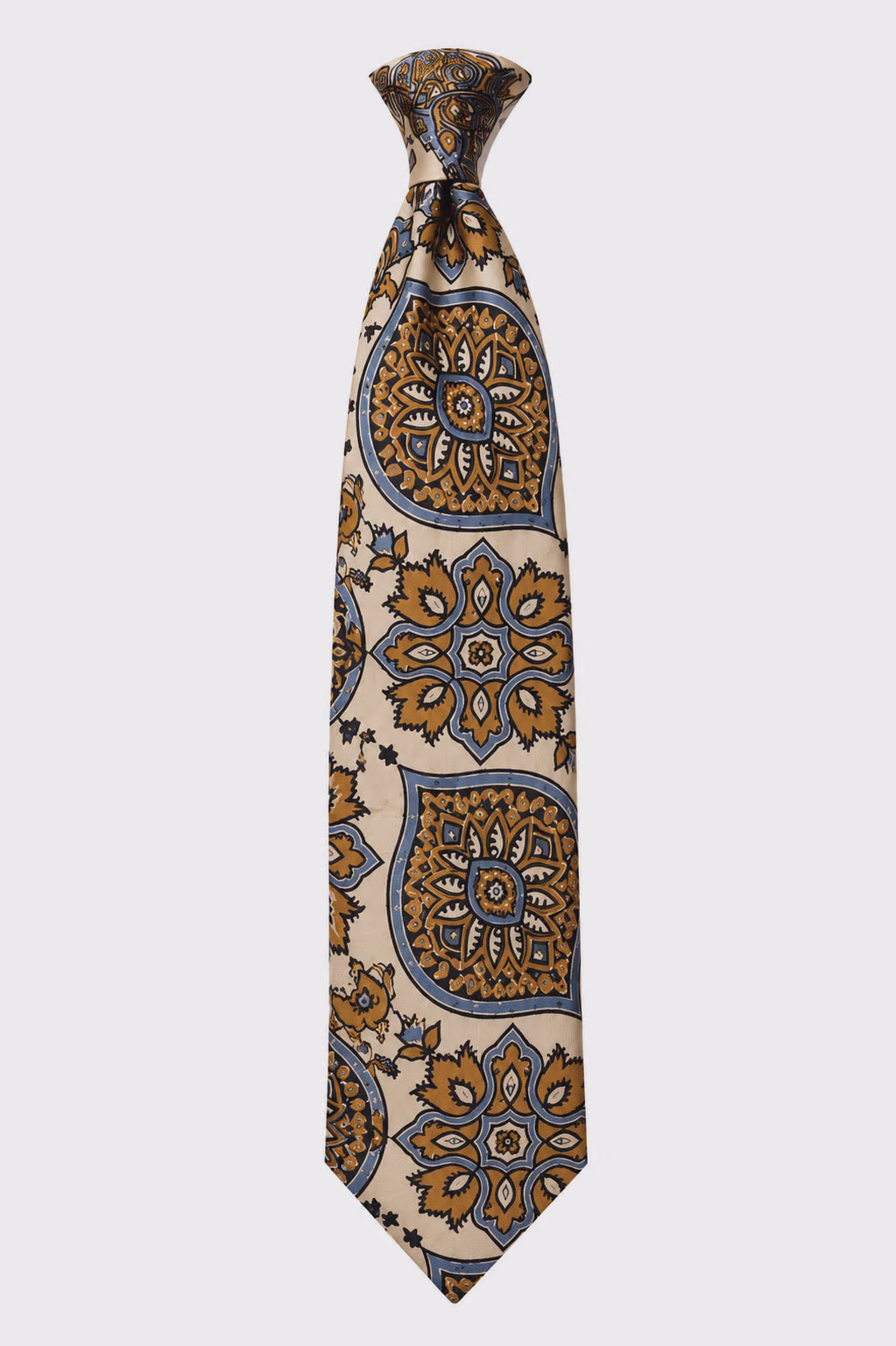 Beige Silk Tie with Blue and Mustard Medallion Print