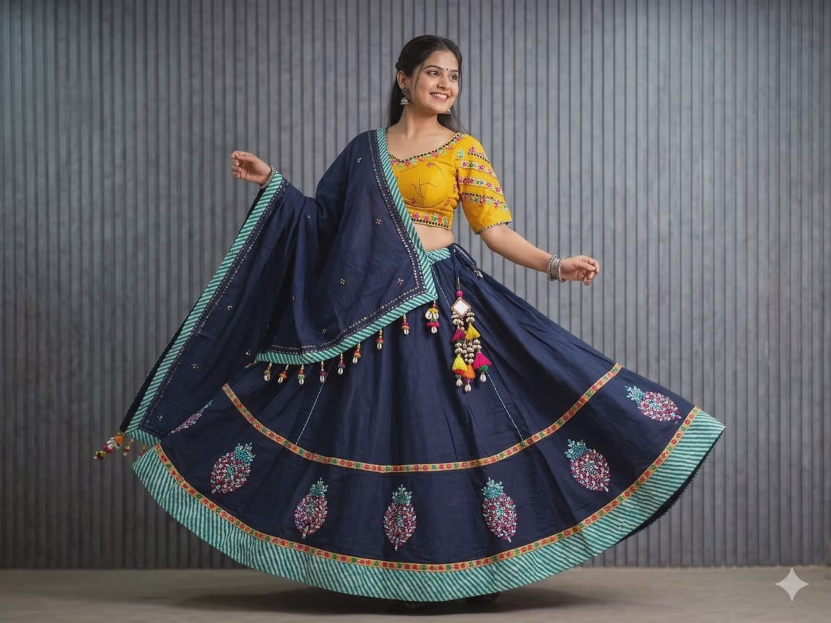 Navy Blue and Yellow Embroidered Cotton Lehenga Choli